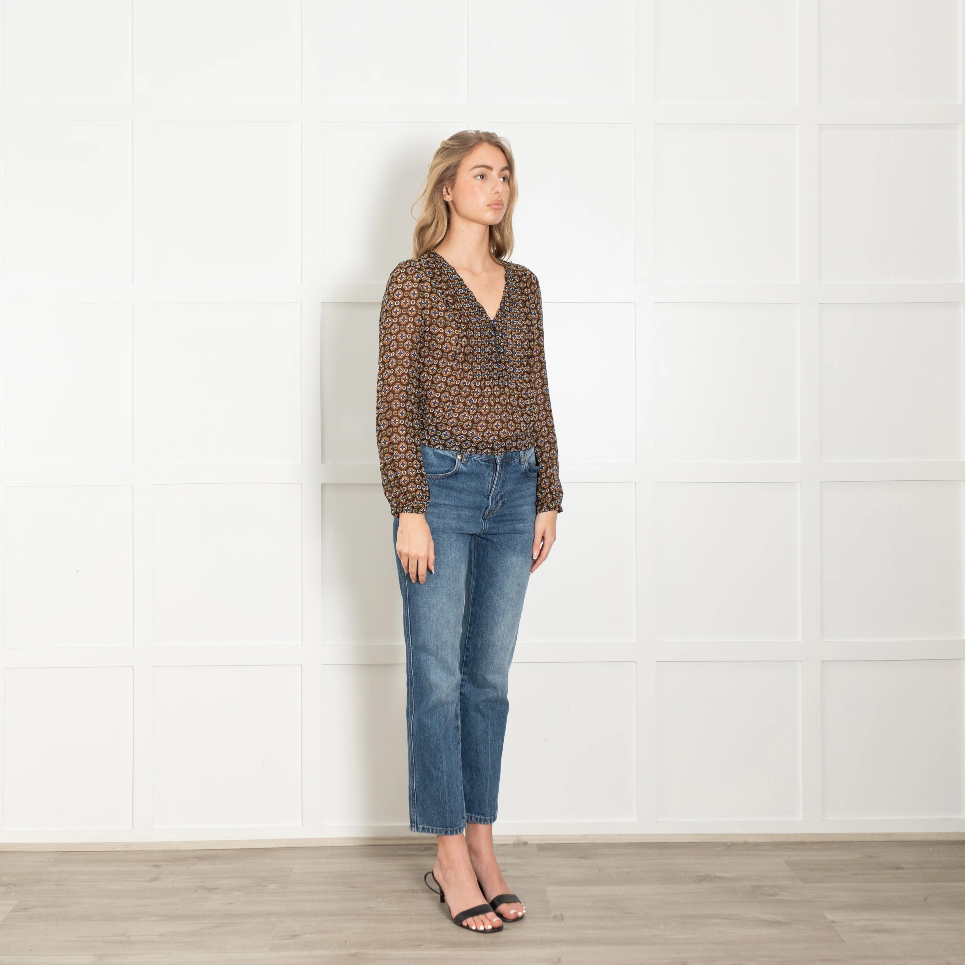 Veronica Beard Black Tan White Print Sheer V-Neck Top - Image 7