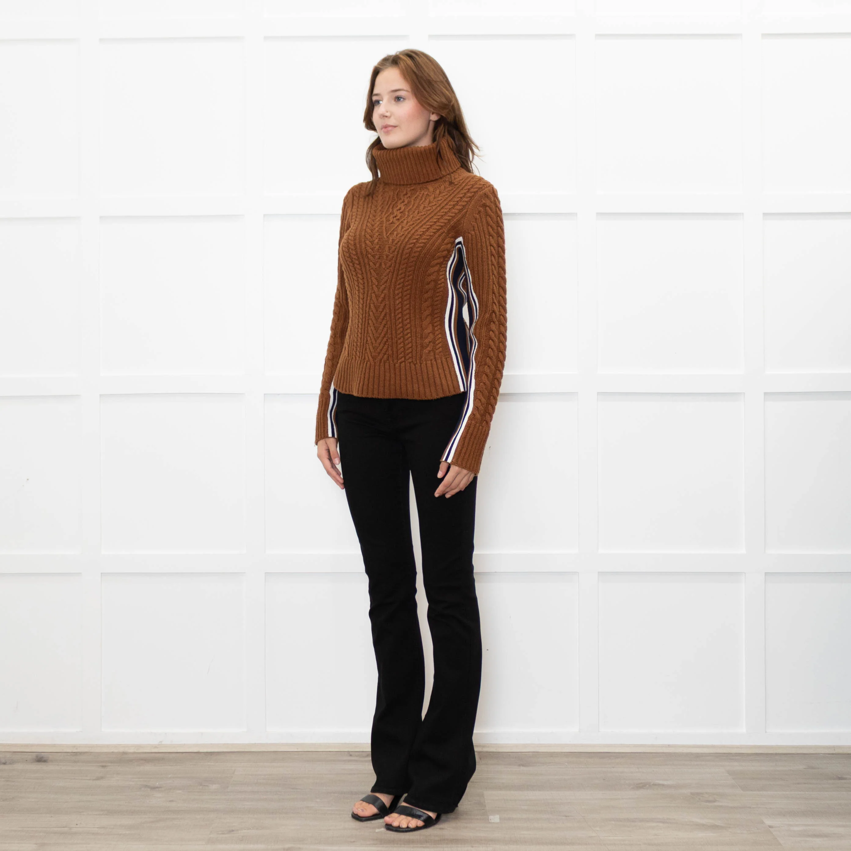 Veronica Beard Brown Cable Knit Polo Neck with Stripe Sides - Image 3