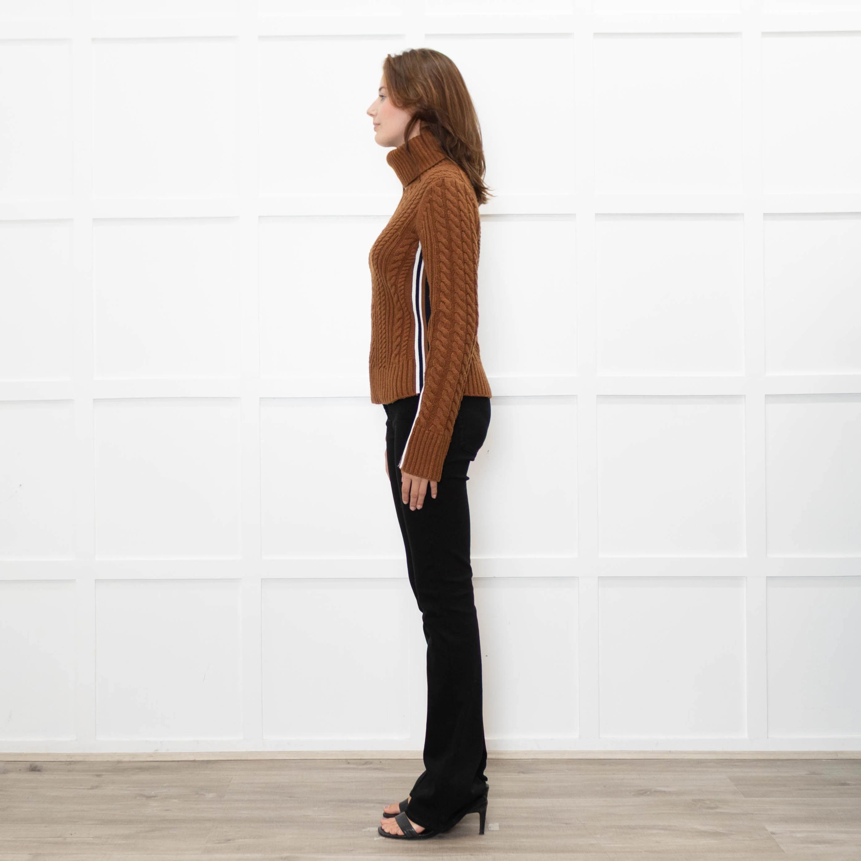 Veronica Beard Brown Cable Knit Polo Neck with Stripe Sides - Image 4