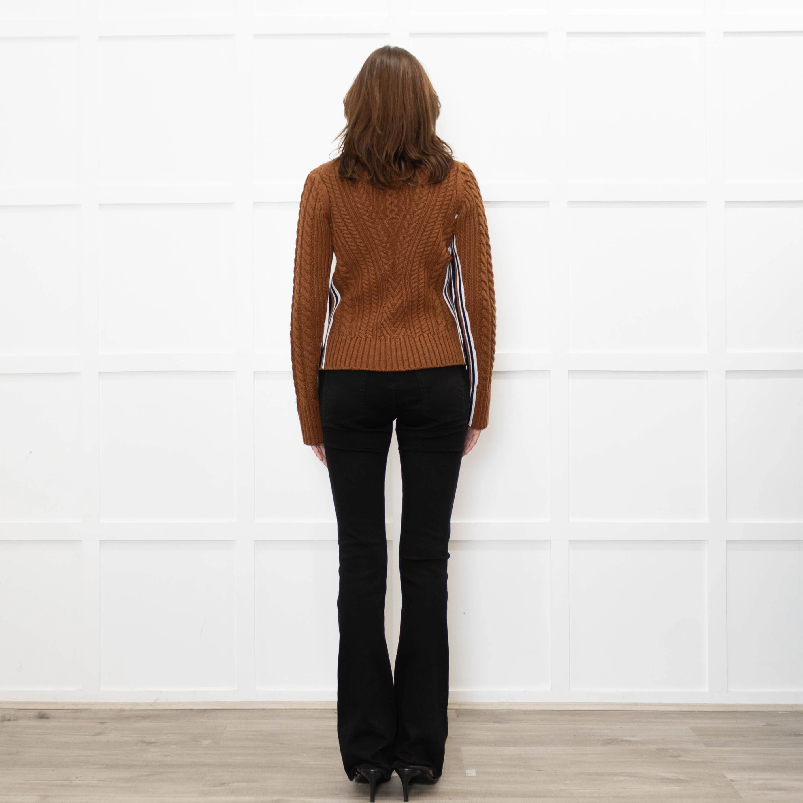 Veronica Beard Brown Cable Knit Polo Neck with Stripe Sides - Image 5