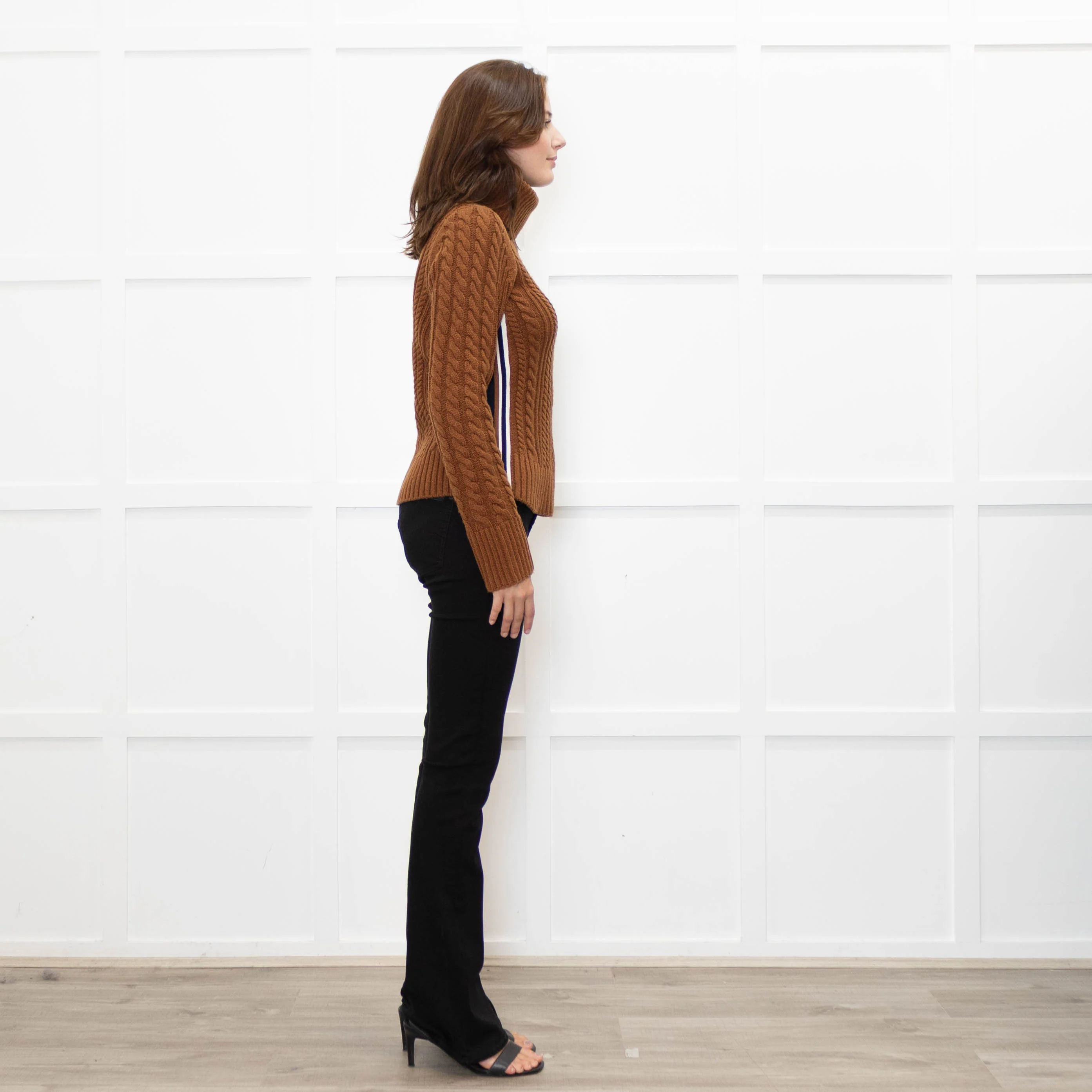 Veronica Beard Brown Cable Knit Polo Neck with Stripe Sides - Image 6