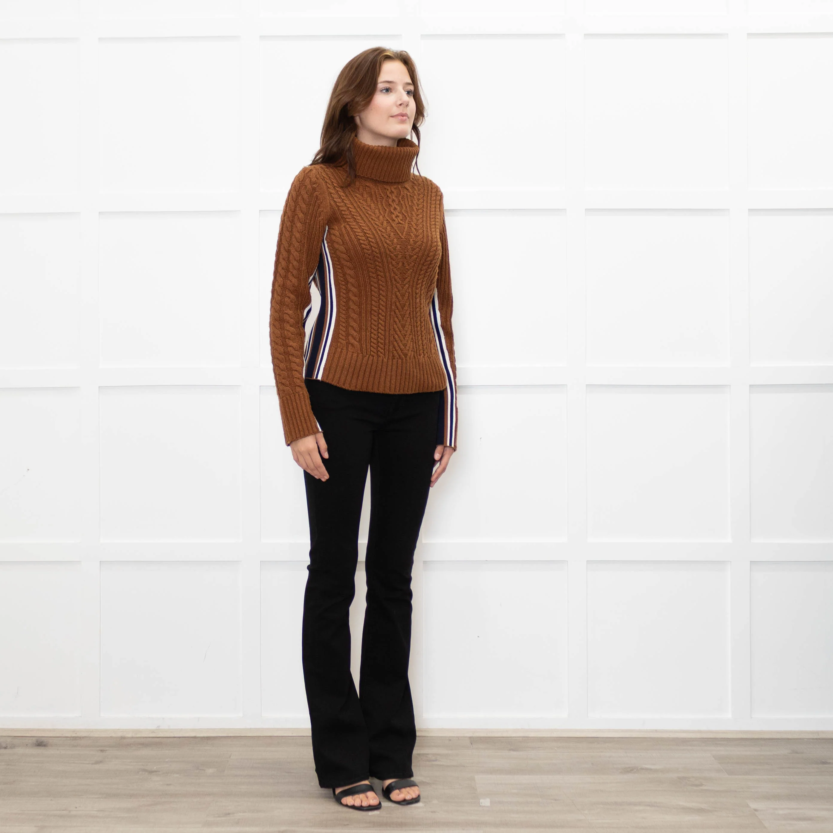 Veronica Beard Brown Cable Knit Polo Neck with Stripe Sides - Image 7