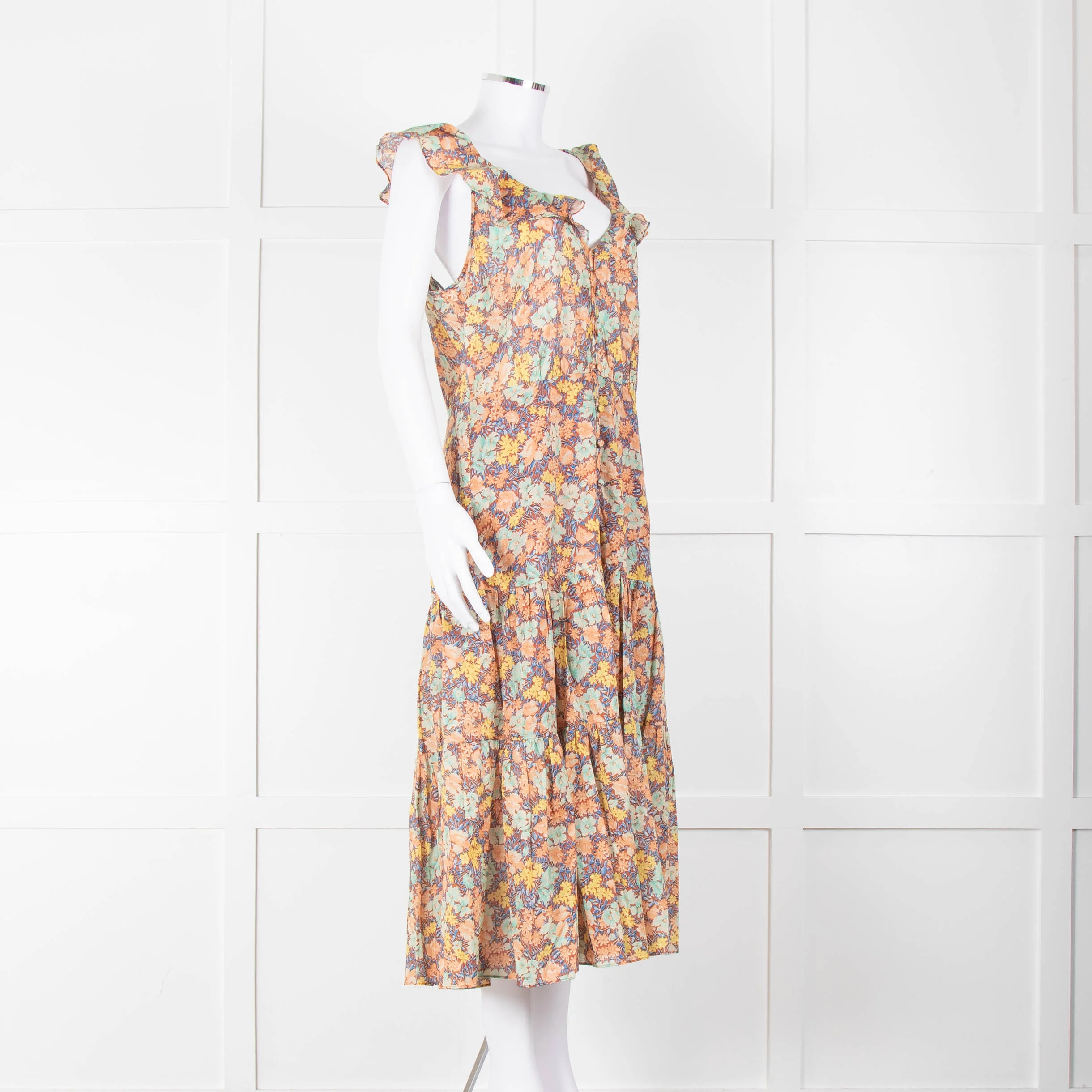 Veronica Beard Coral Green Blue Floral Cotton Ruffle Strap Midi Dress - Image 2