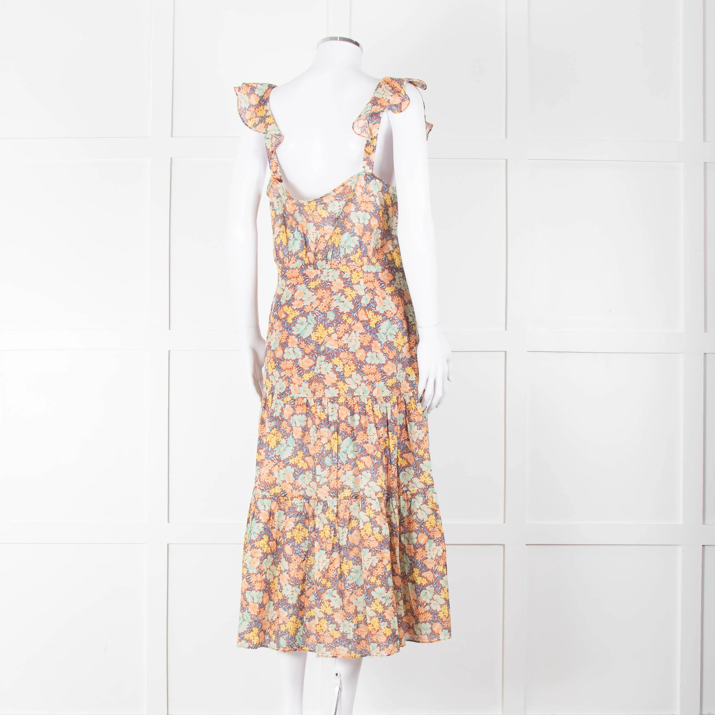 Veronica Beard Coral Green Blue Floral Cotton Ruffle Strap Midi Dress - Image 4