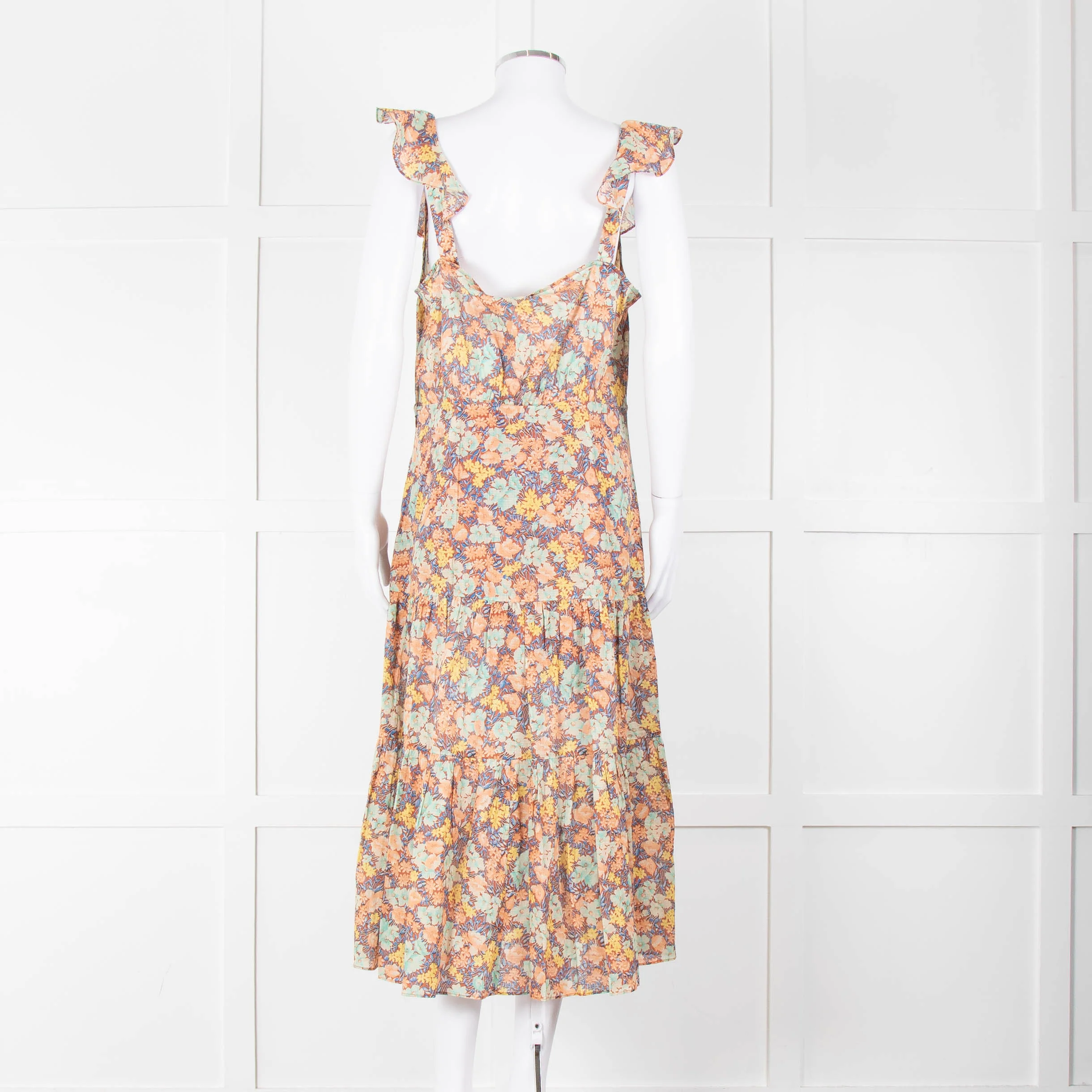 Veronica Beard Coral Green Blue Floral Cotton Ruffle Strap Midi Dress - Image 5