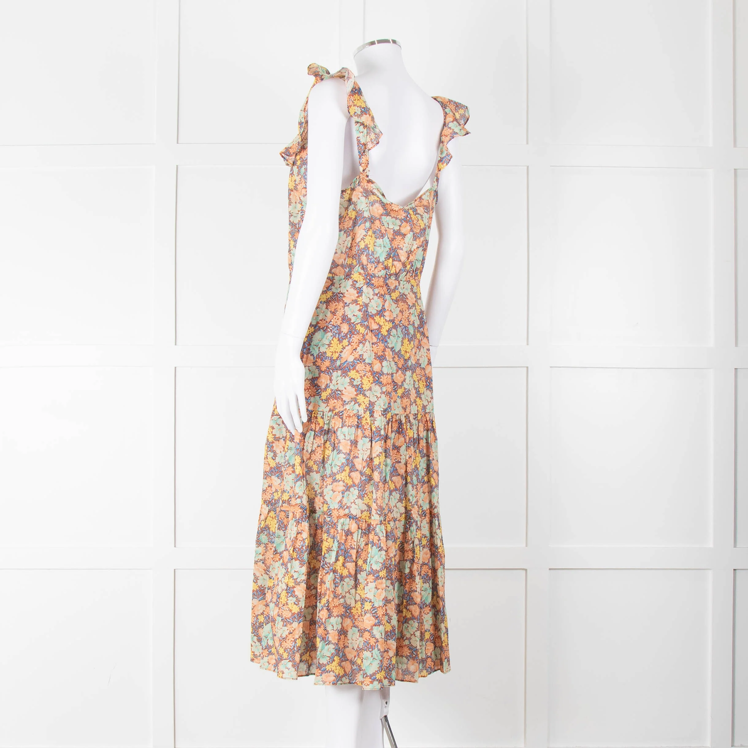 Veronica Beard Coral Green Blue Floral Cotton Ruffle Strap Midi Dress - Image 6