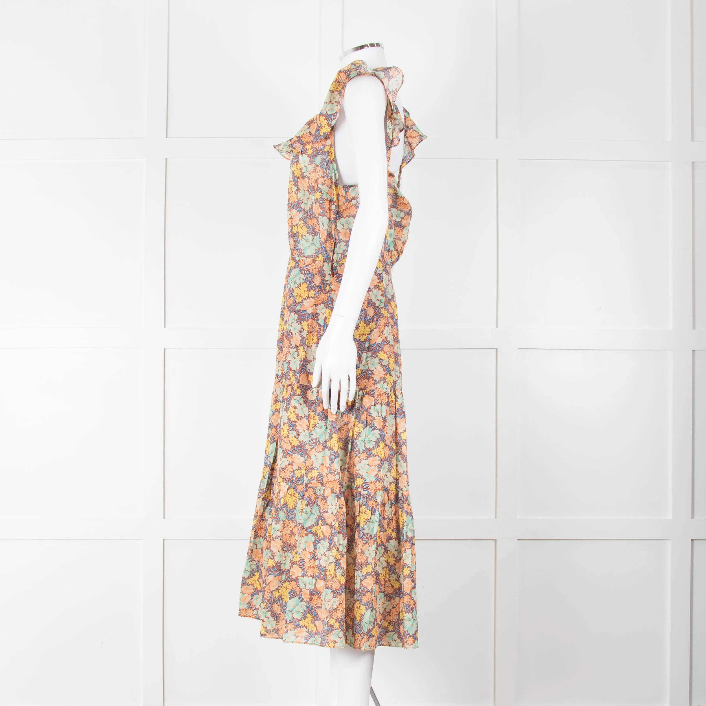 Veronica Beard Coral Green Blue Floral Cotton Ruffle Strap Midi Dress - Image 7