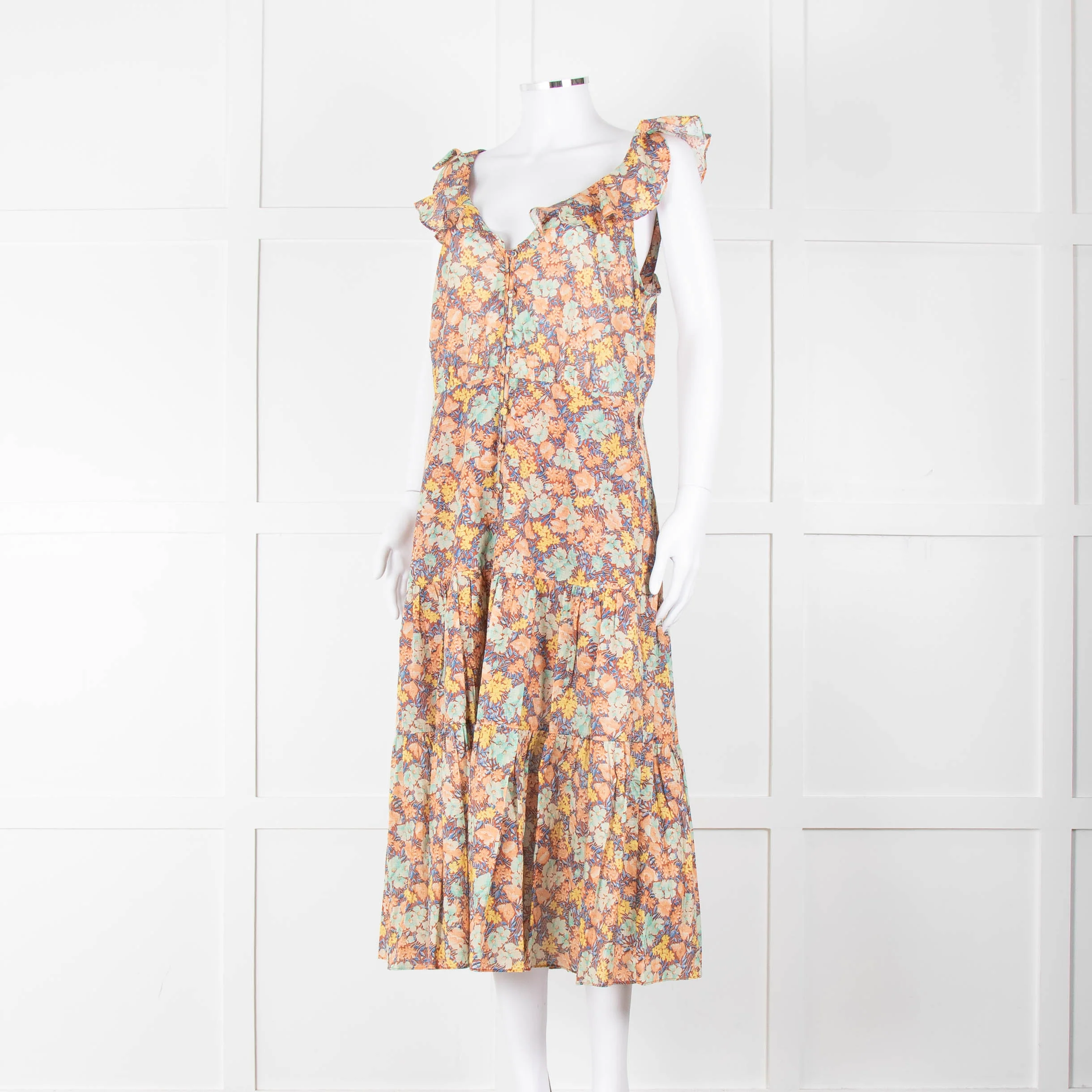 Veronica Beard Coral Green Blue Floral Cotton Ruffle Strap Midi Dress - Image 8