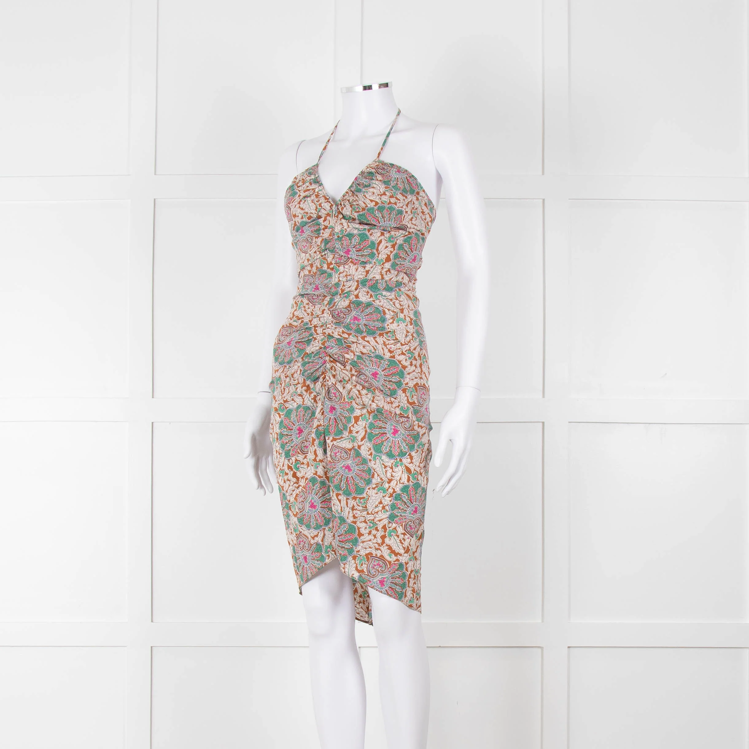 Veronica Beard Cream Tan Turquoise Paisley Halter Mini Dress - Image 8