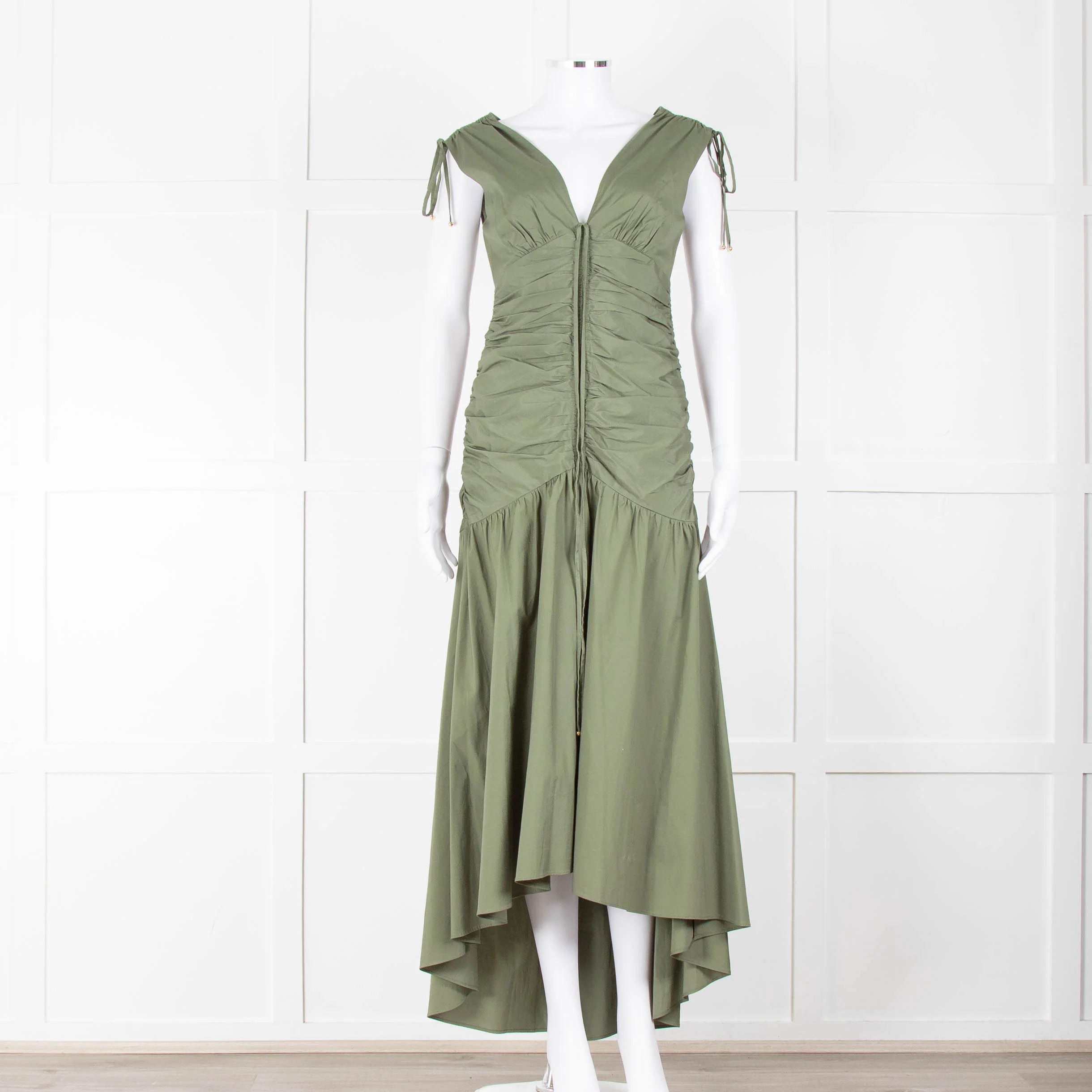 Veronica Beard Green Cotton Ruched Sleeveless Dress