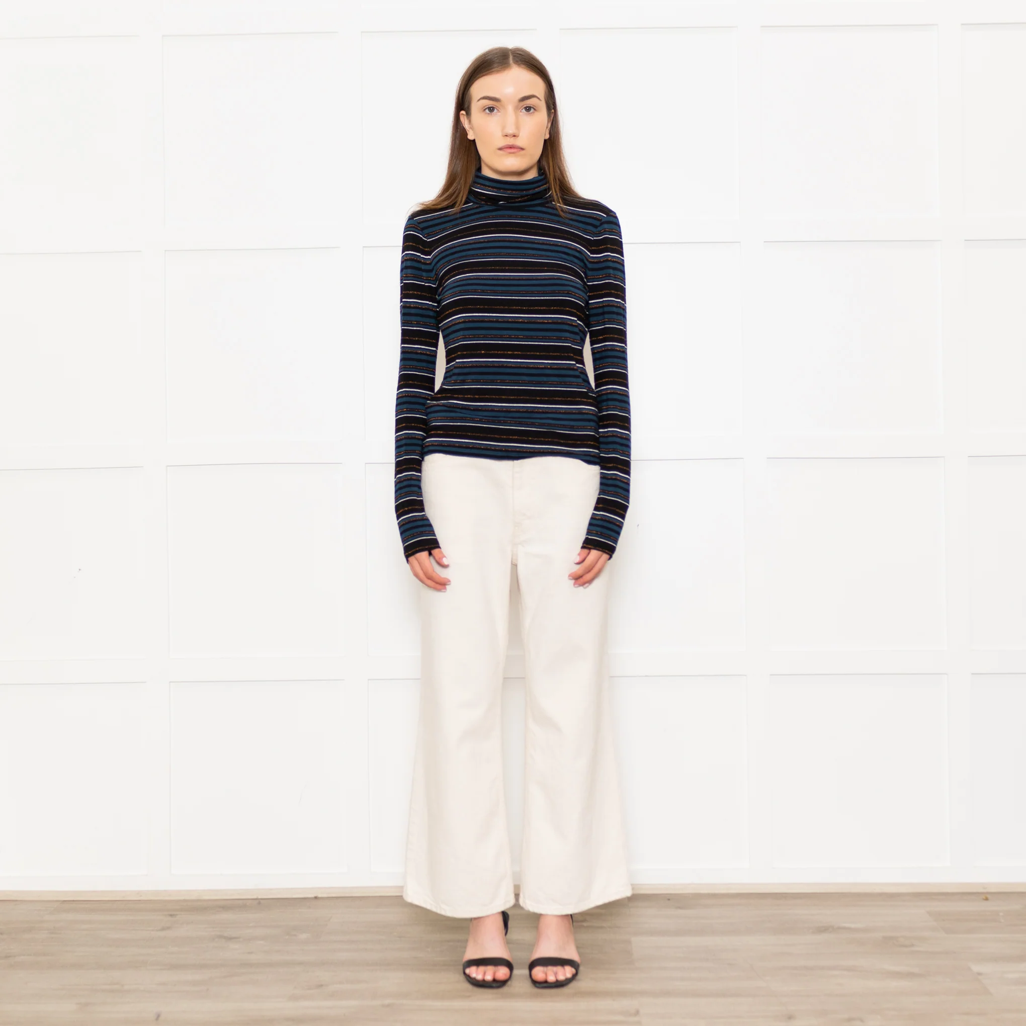 Veronica Beard Jeans Teal Black Striped Rollneck