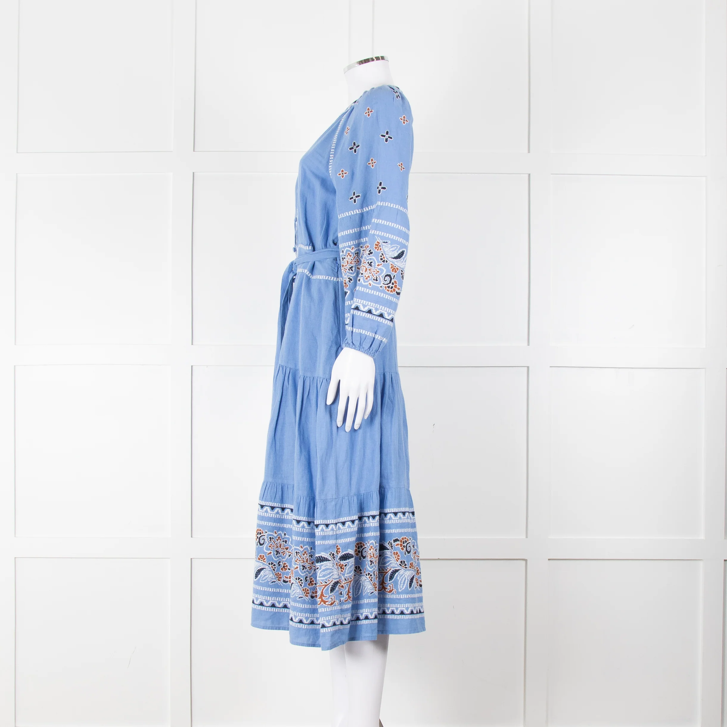 Veronica Beard Light Blue Linen Blend Embroidered Peasant Dress - Image 7