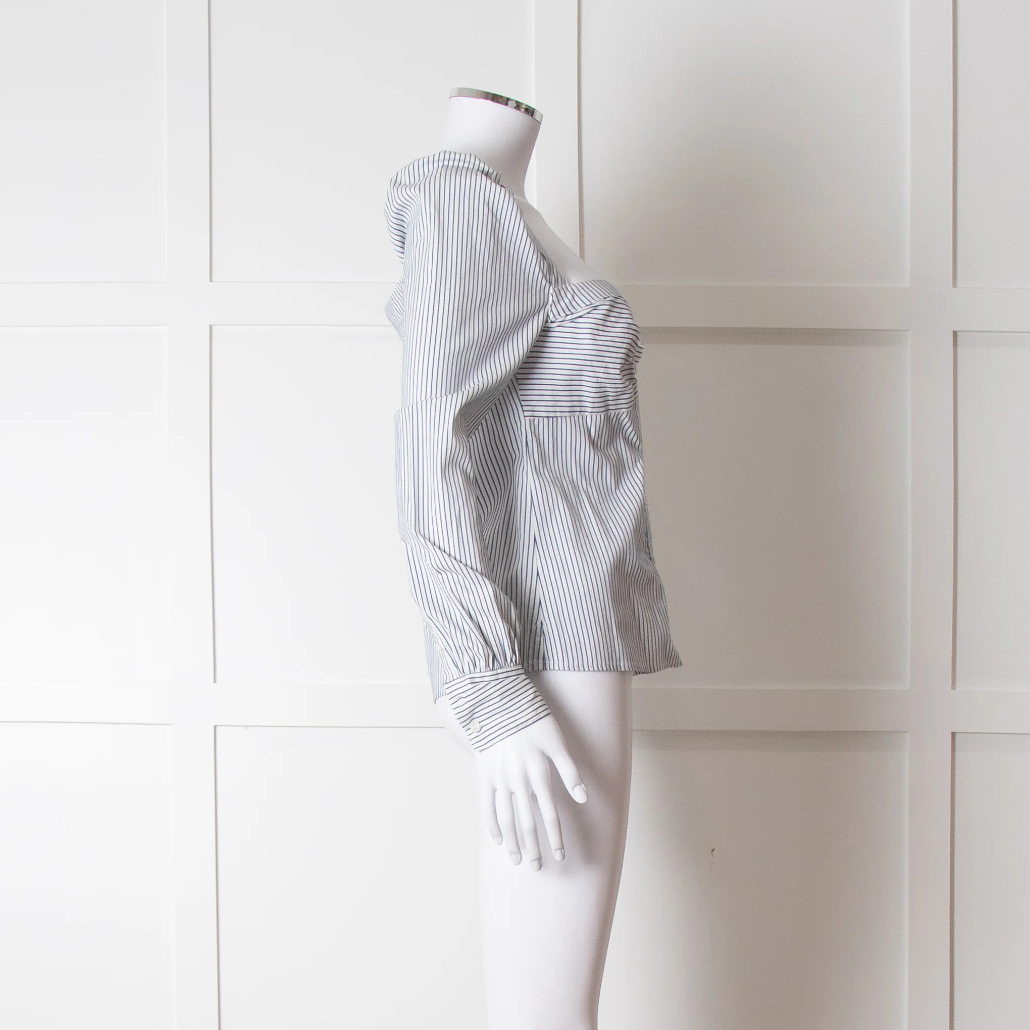 Veronica Beard White Blue Striped Open Neck Line Shirt - Image 3