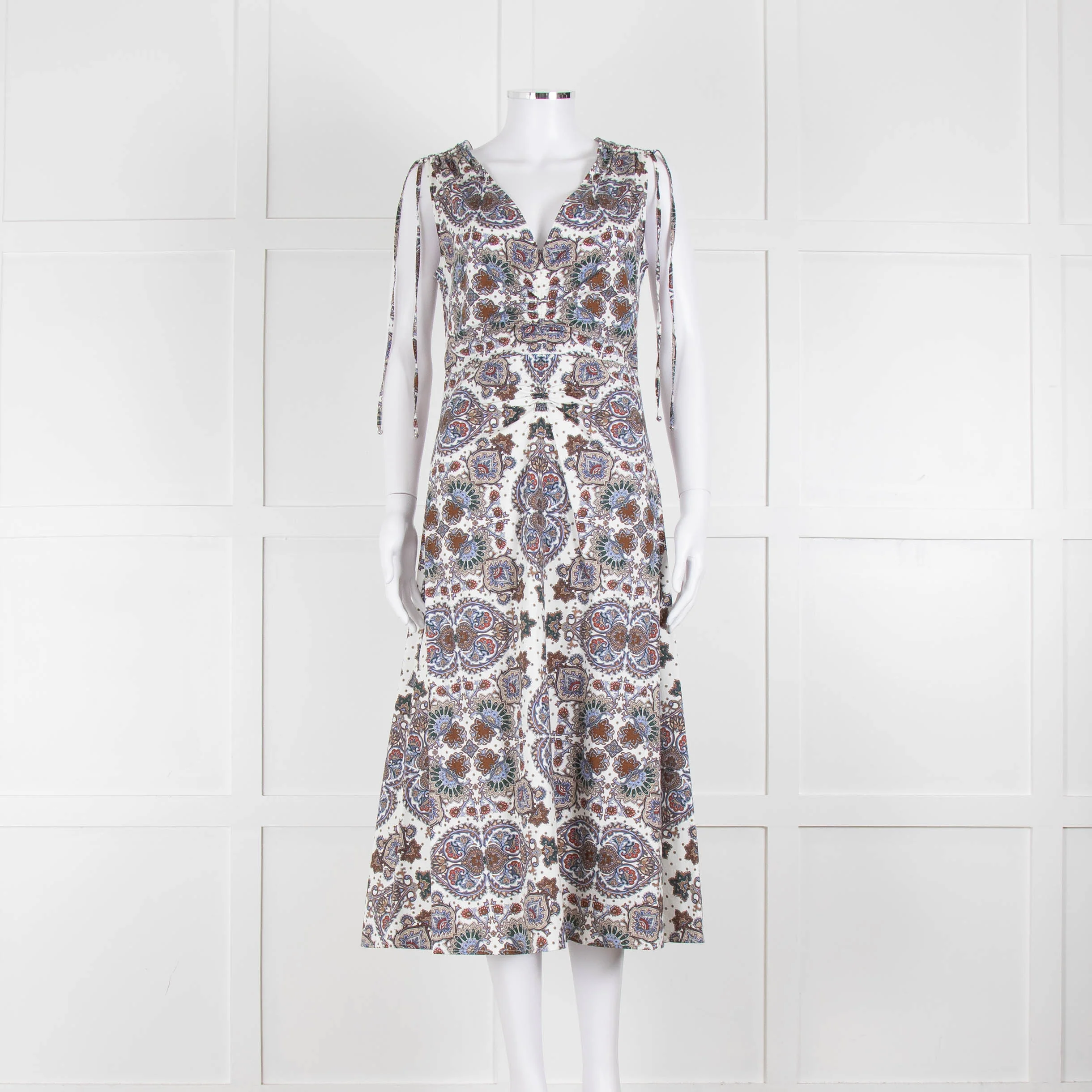 VERONICA BEARD White, Brown, Blue Pattern Cotton Sleeveless Dress - Image 2