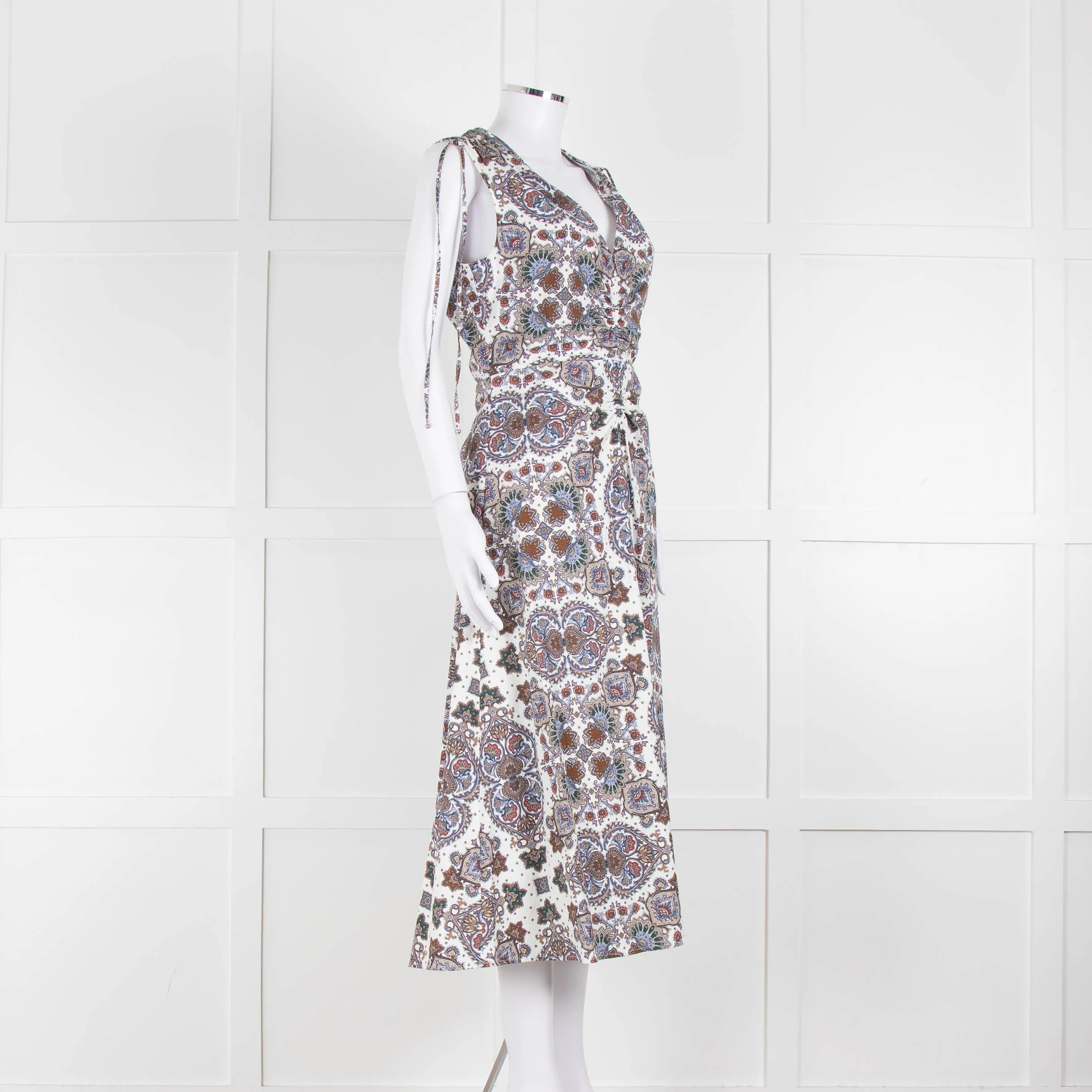 VERONICA BEARD White, Brown, Blue Pattern Cotton Sleeveless Dress - Image 3