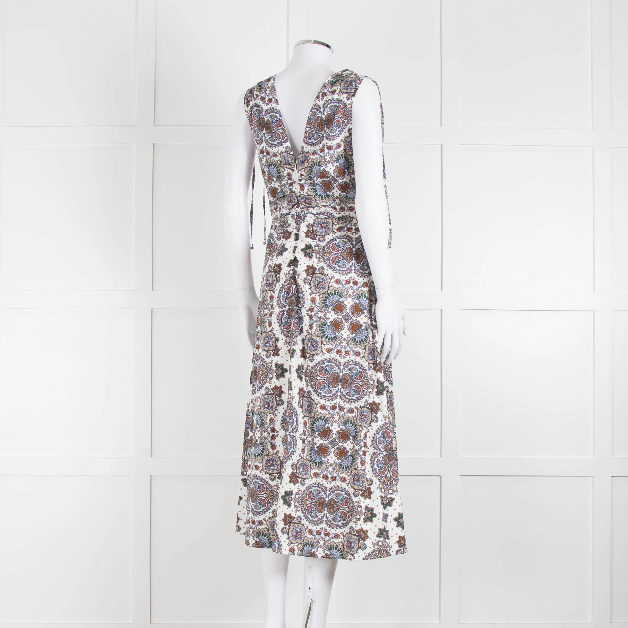 VERONICA BEARD White, Brown, Blue Pattern Cotton Sleeveless Dress - Image 5