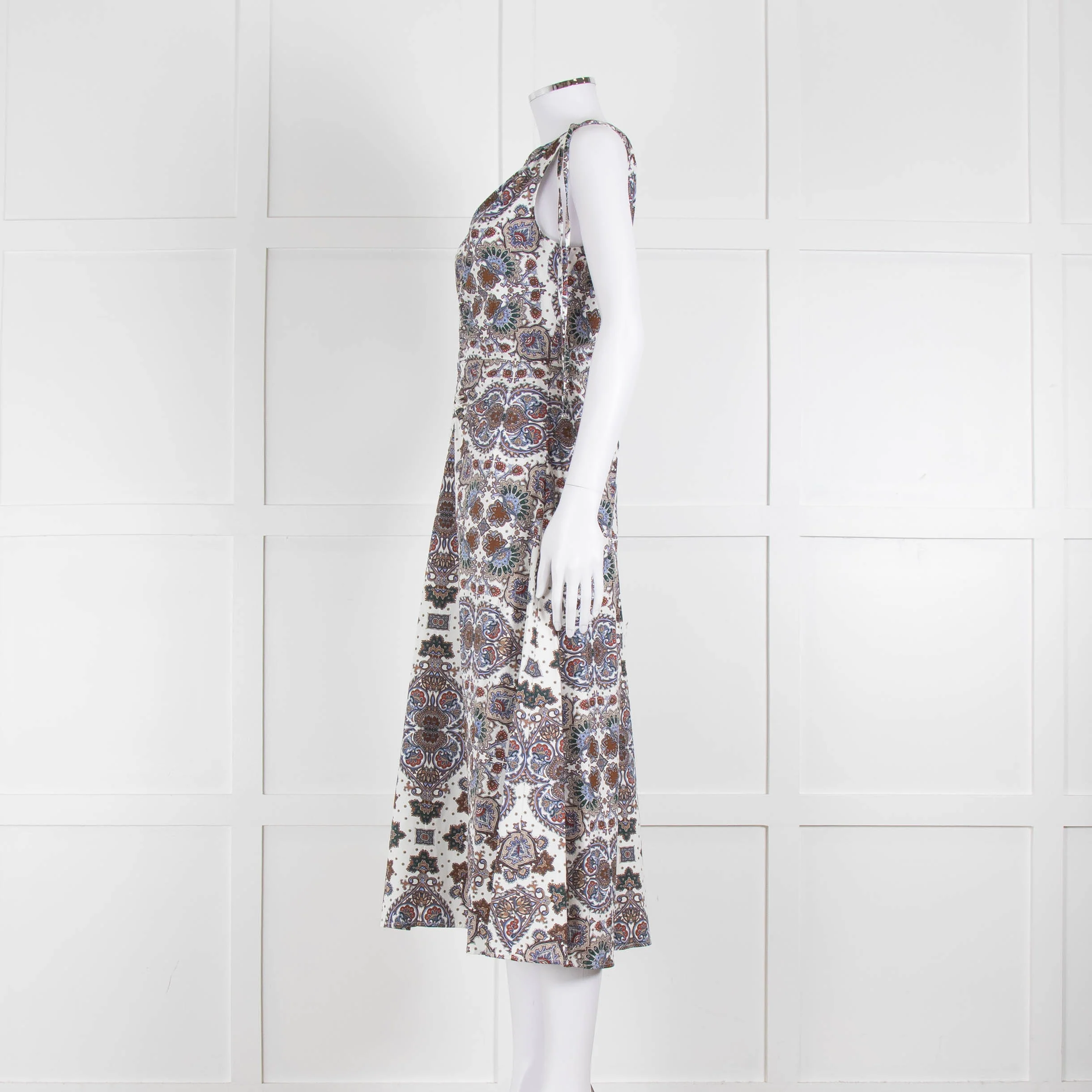 VERONICA BEARD White, Brown, Blue Pattern Cotton Sleeveless Dress - Image 8