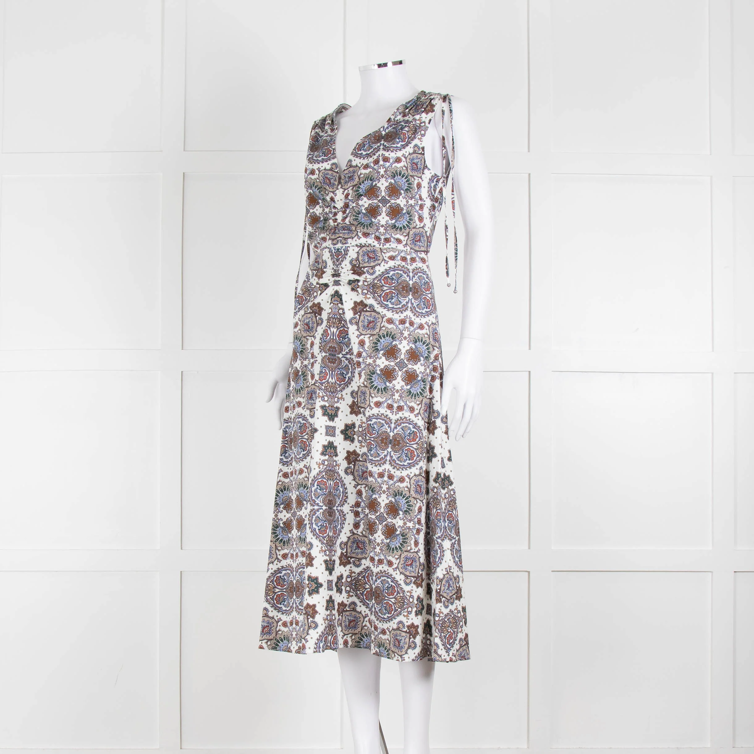 VERONICA BEARD White, Brown, Blue Pattern Cotton Sleeveless Dress - Image 9