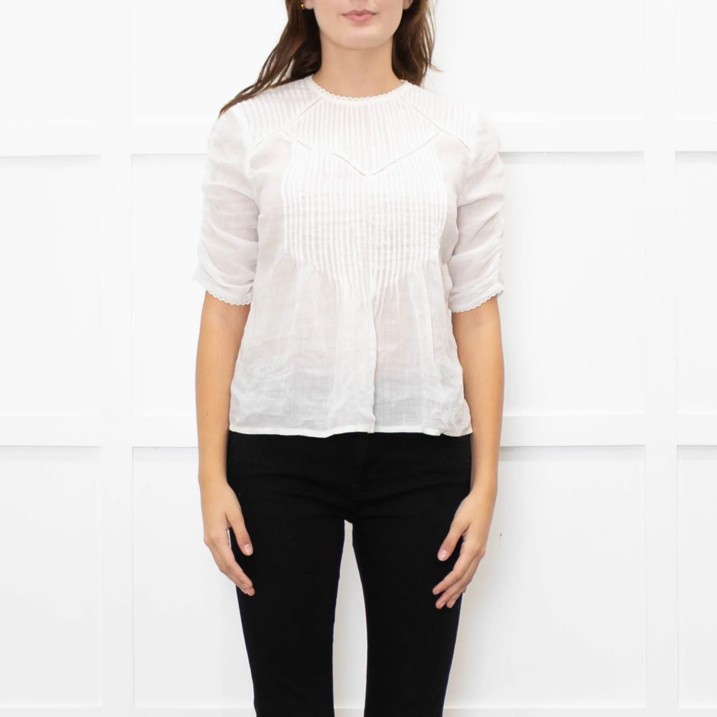 Veronica Beard White Cotton Pintuck Blouse with Gathered Sleeves - Image 2
