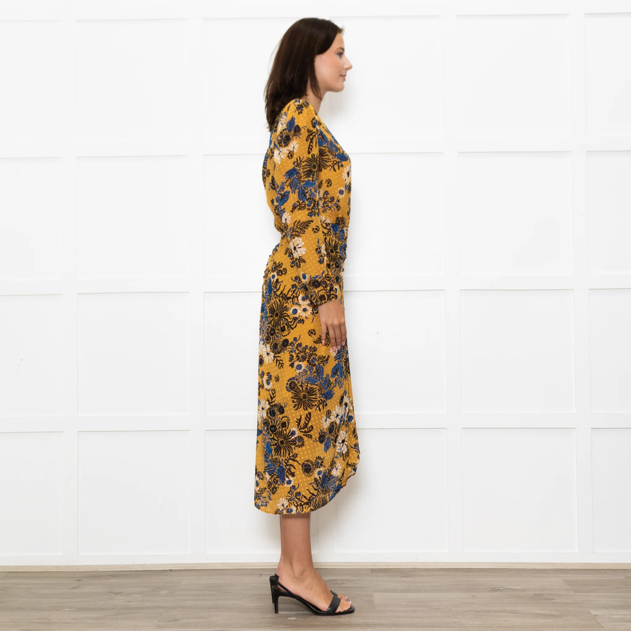 Veronica Beard Yellow Blue Black Floral Silk Midi Dress - Image 6