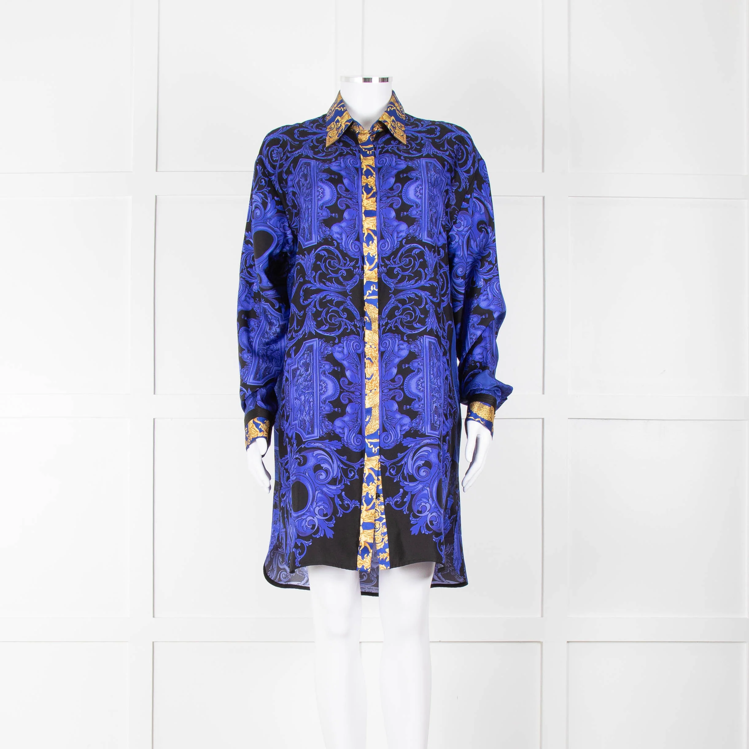 Versace Black Electric Blue Barocco Print Silk Tunic Shirt