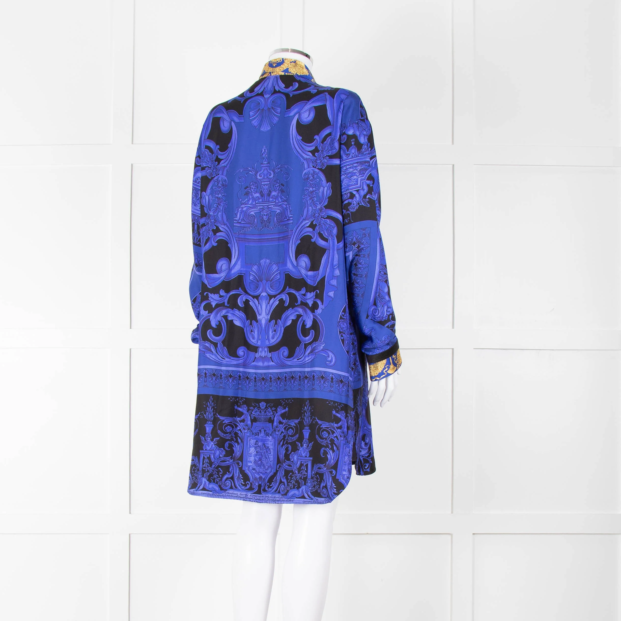 Versace Black Electric Blue Barocco Print Silk Tunic Shirt - Image 4