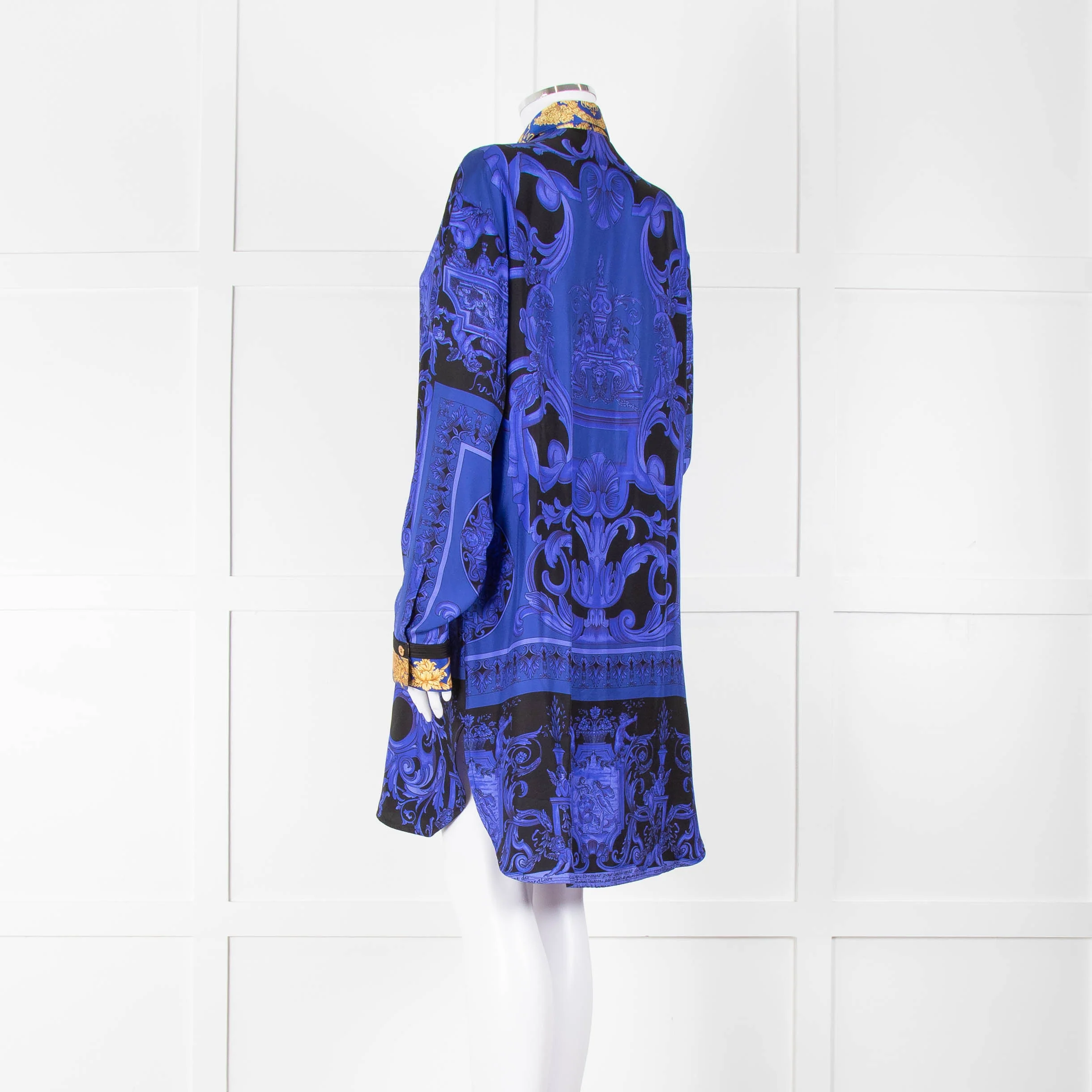 Versace Black Electric Blue Barocco Print Silk Tunic Shirt - Image 6