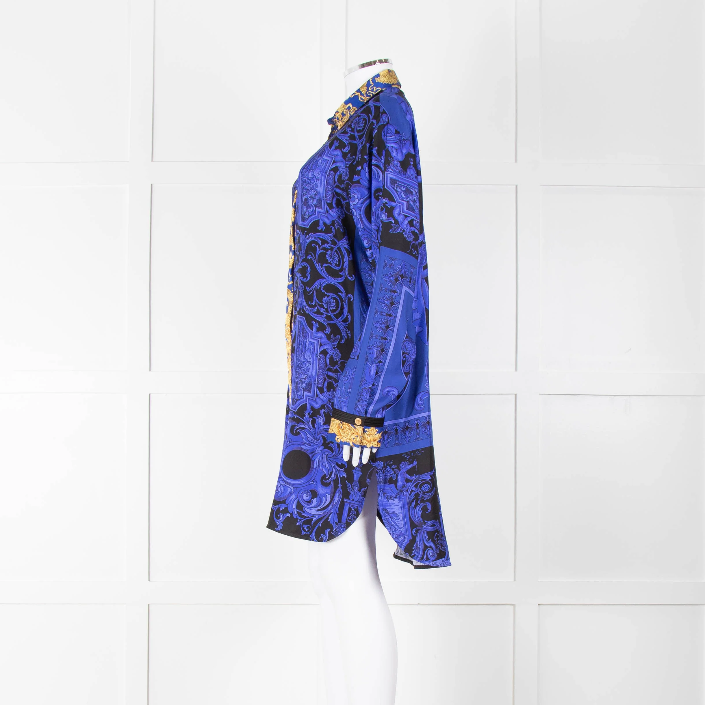 Versace Black Electric Blue Barocco Print Silk Tunic Shirt - Image 7