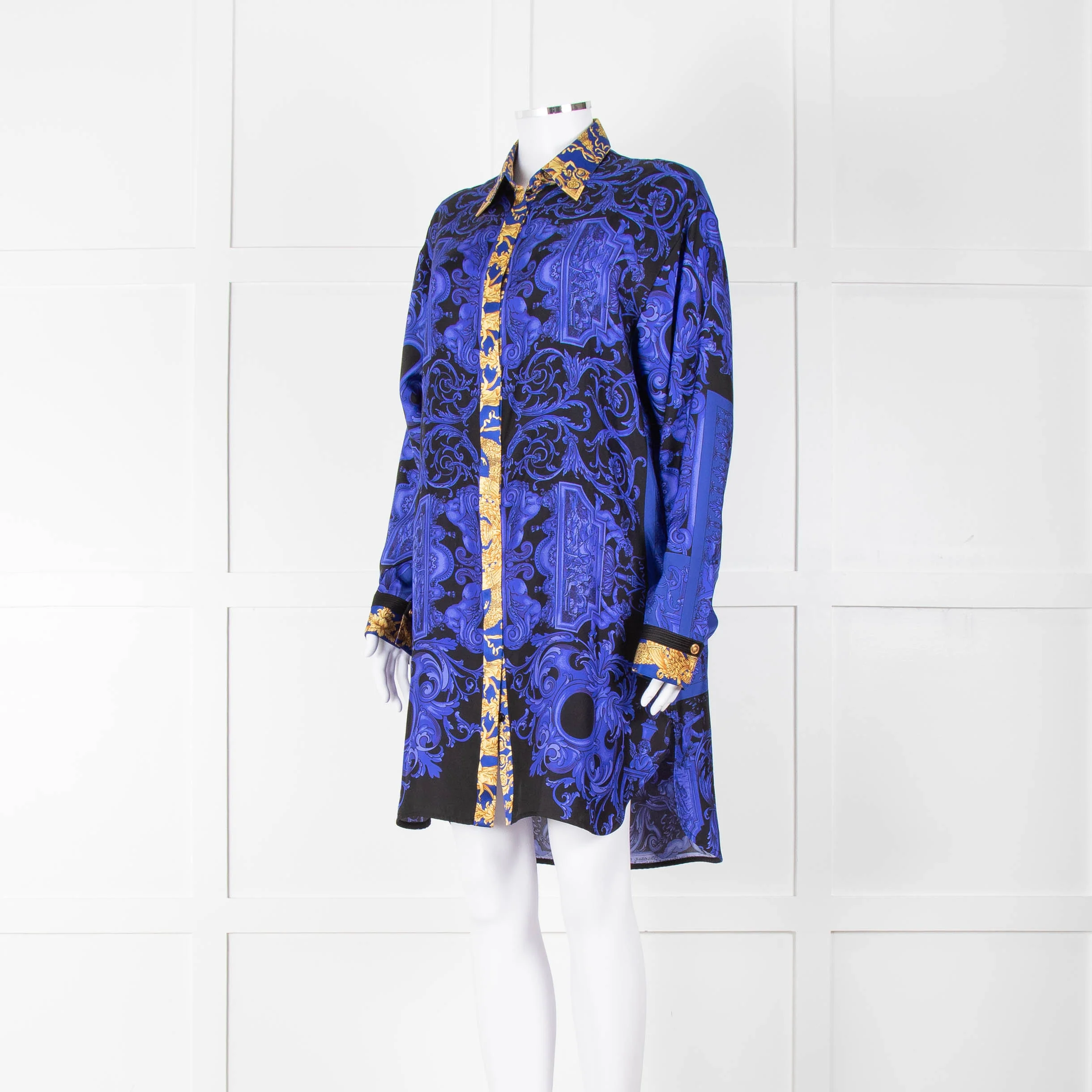 Versace Black Electric Blue Barocco Print Silk Tunic Shirt - Image 8