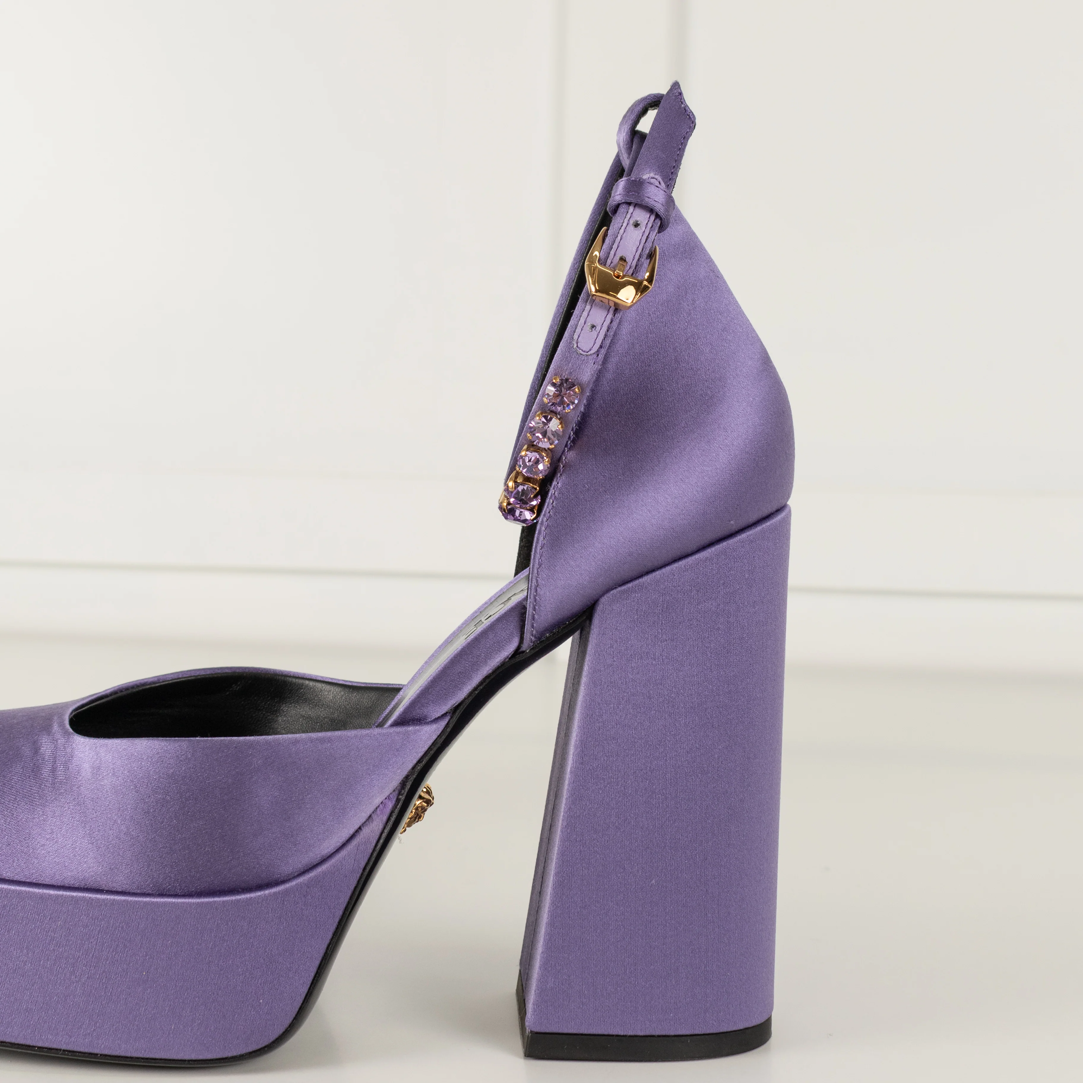 Versace Medusa Aevitas Purple Satin Platform Pumps With Diamente Ankle Strap - Image 11