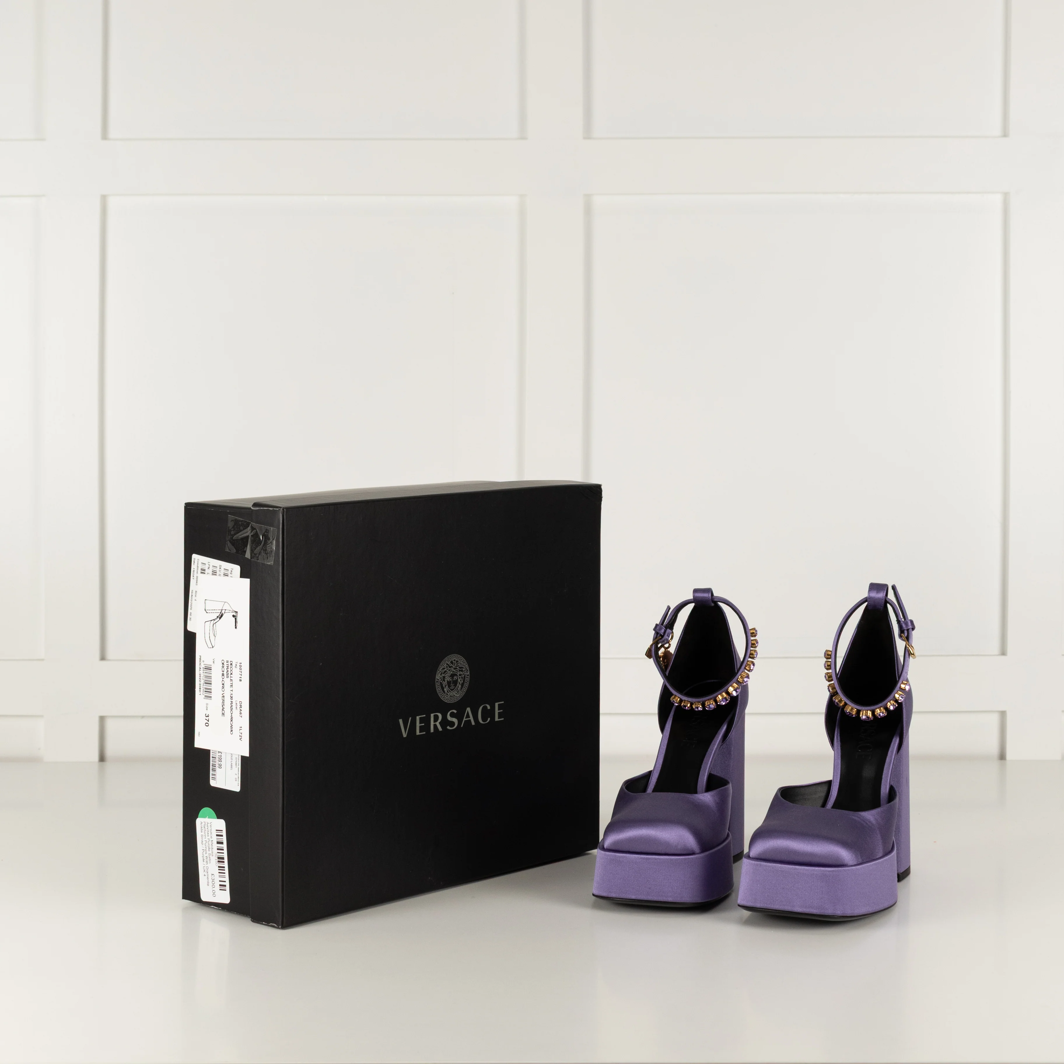 Versace Medusa Aevitas Purple Satin Platform Pumps With Diamente Ankle Strap - Image 2