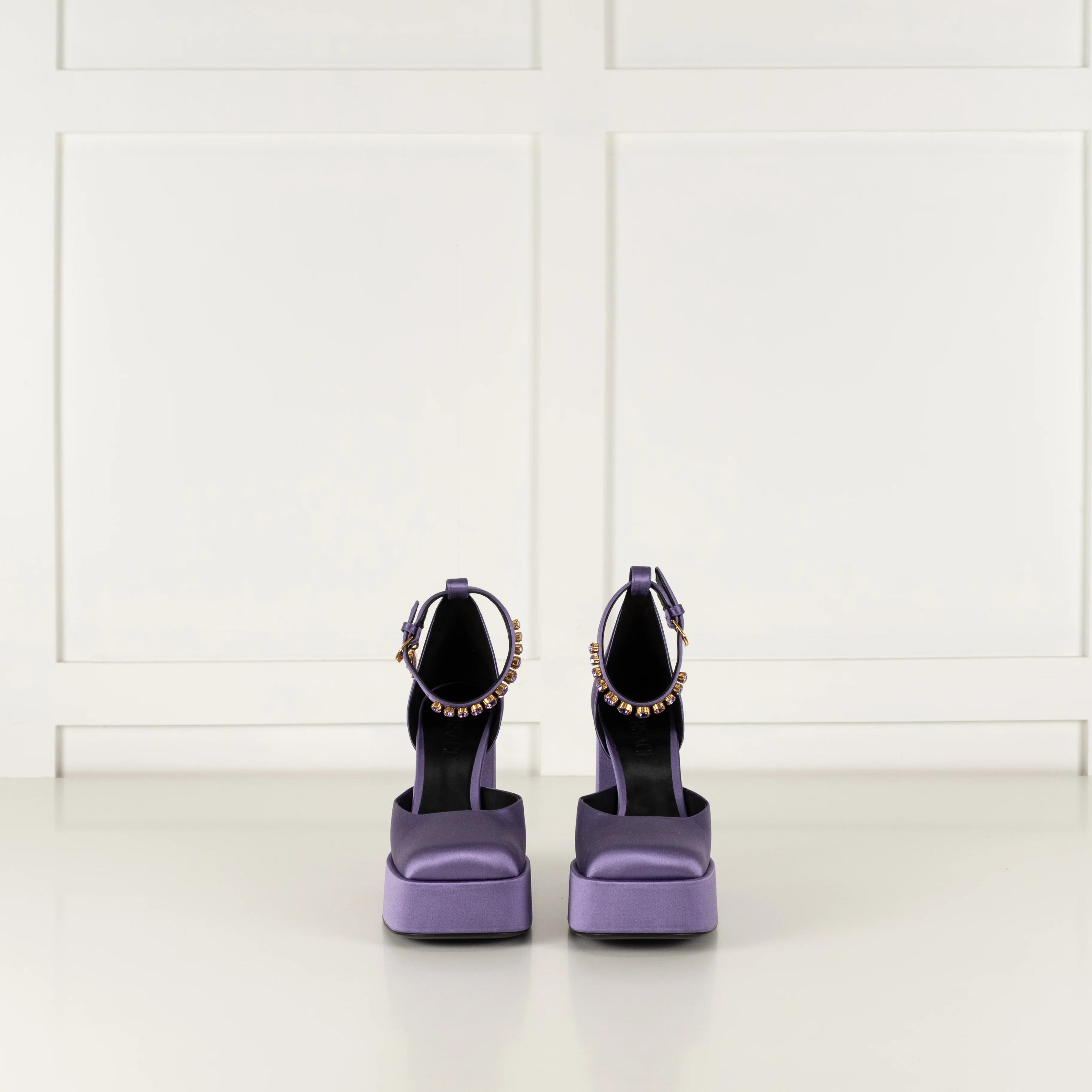 Versace Medusa Aevitas Purple Satin Platform Pumps With Diamente Ankle Strap - Image 3