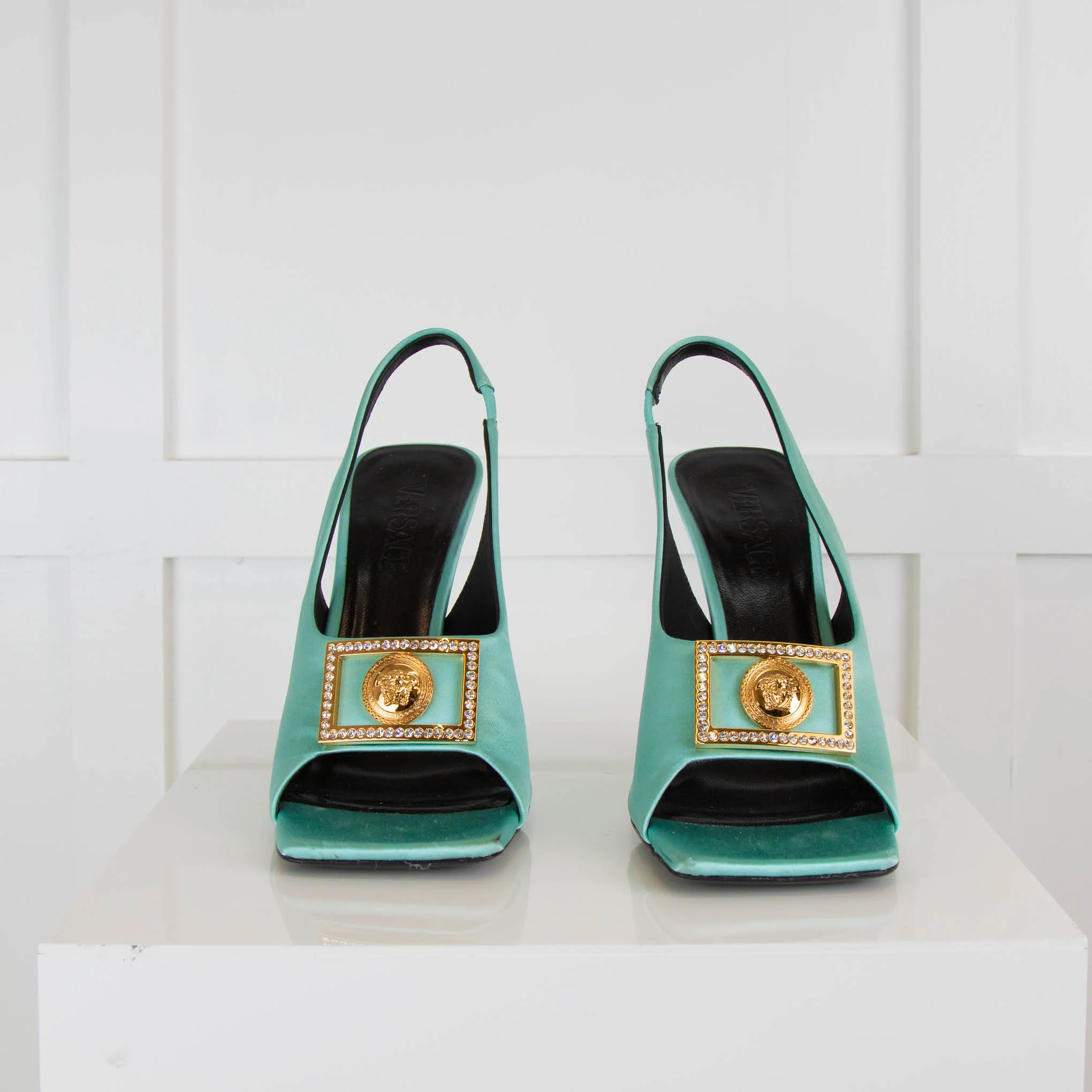 Versace Turquoise Medusa-Plaque Heeled Slingbacks Shoes - Image 2