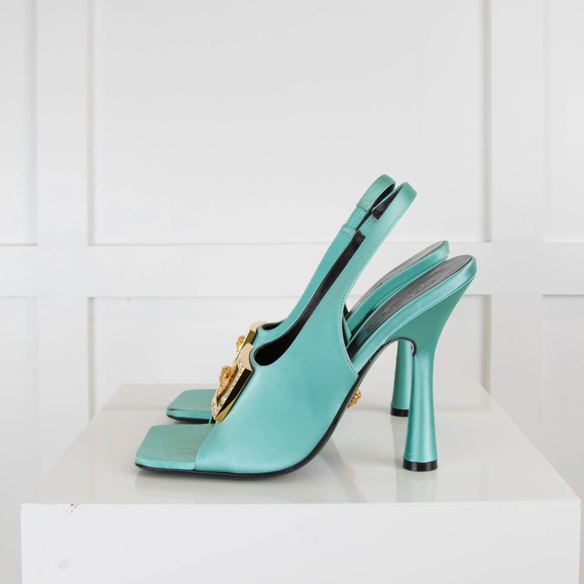 Versace Turquoise Medusa-Plaque Heeled Slingbacks Shoes - Image 3
