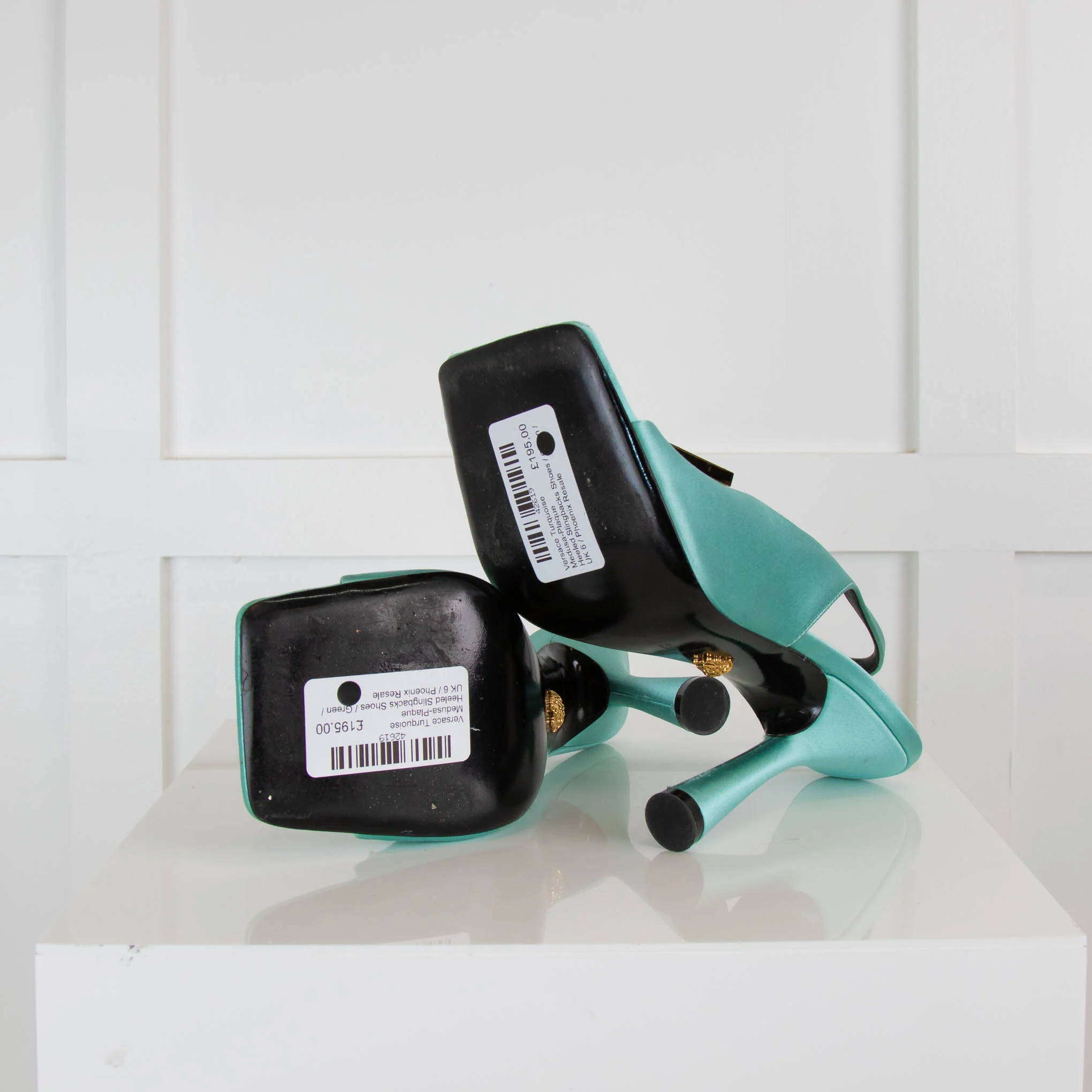Versace Turquoise Medusa-Plaque Heeled Slingbacks Shoes - Image 5