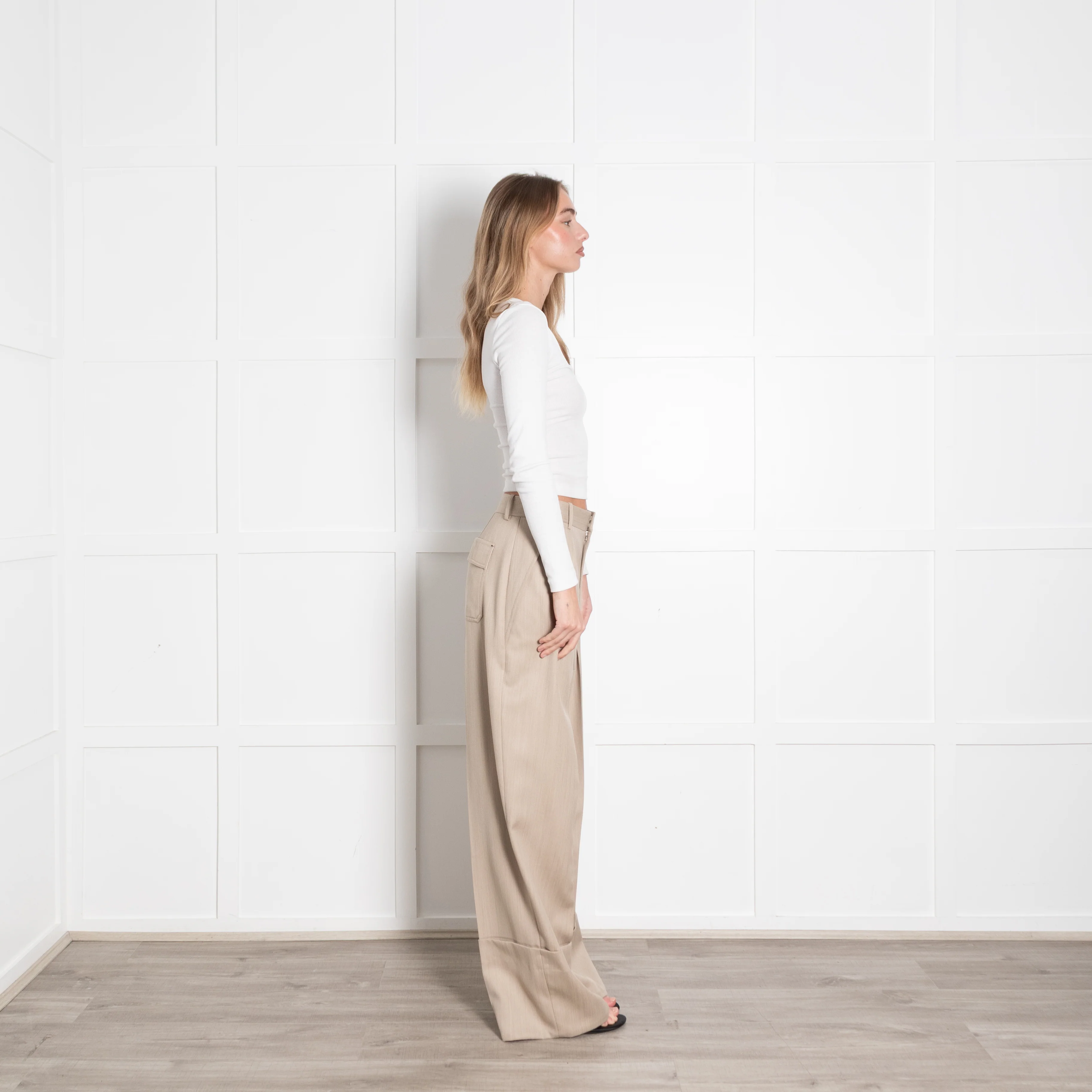 Victoria Beckham Beige Wide Leg Pleat Front Trouser With Turn Up - Image 7