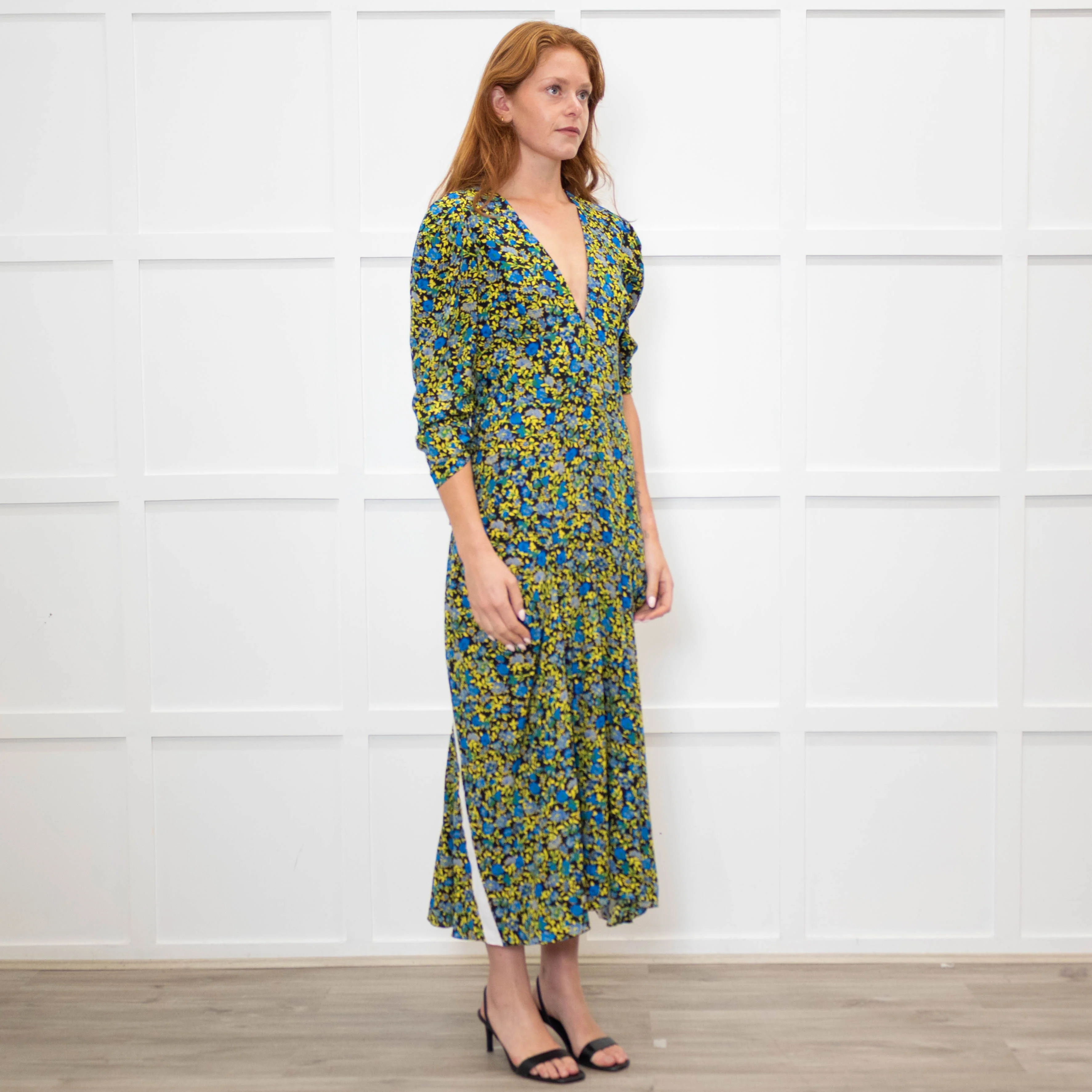 Victoria Beckham Black Blue Yellow Floral Long Sleeve Silk Dress - Image 7
