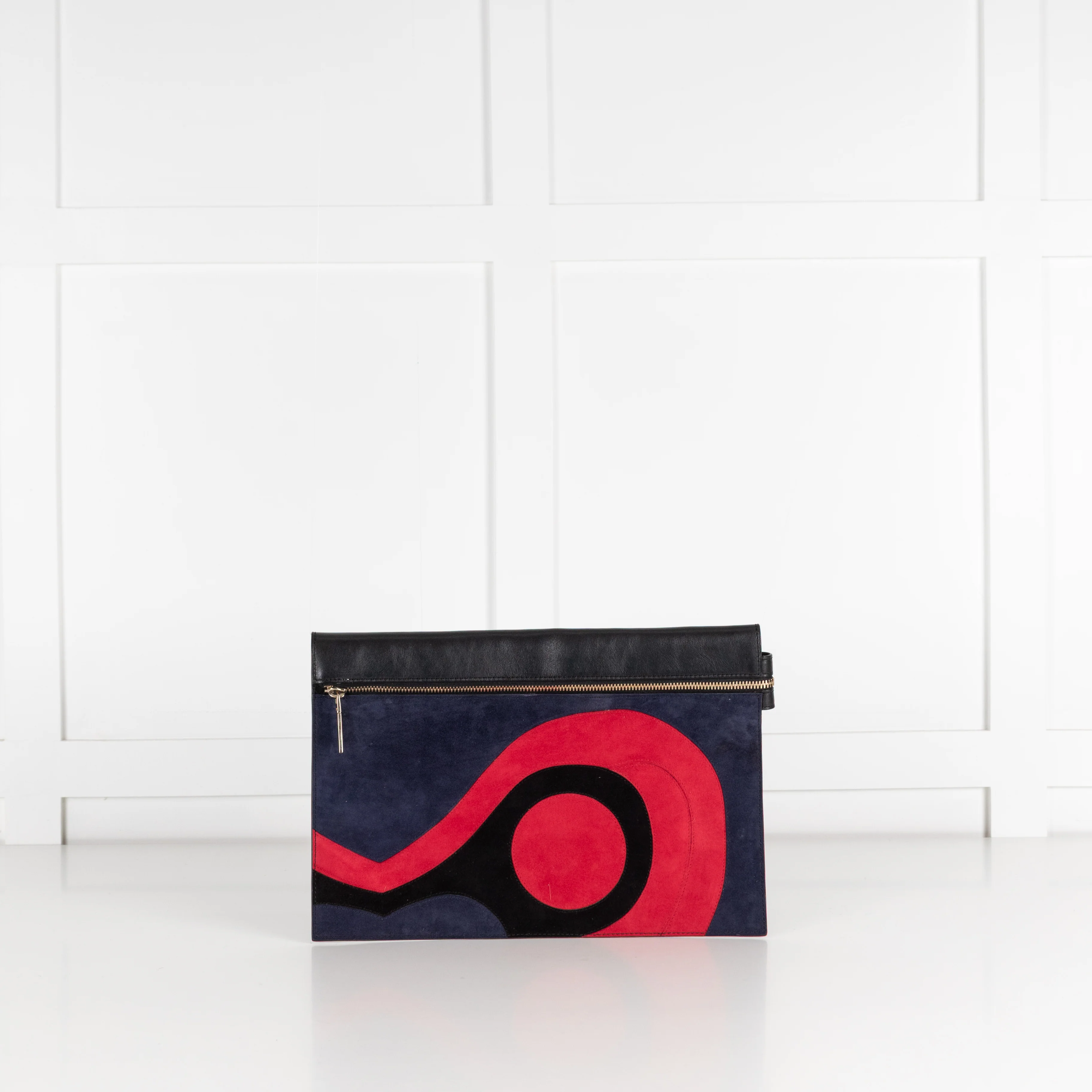 Victoria Beckham Black Navy Blue Red Swirl Suede Clutch