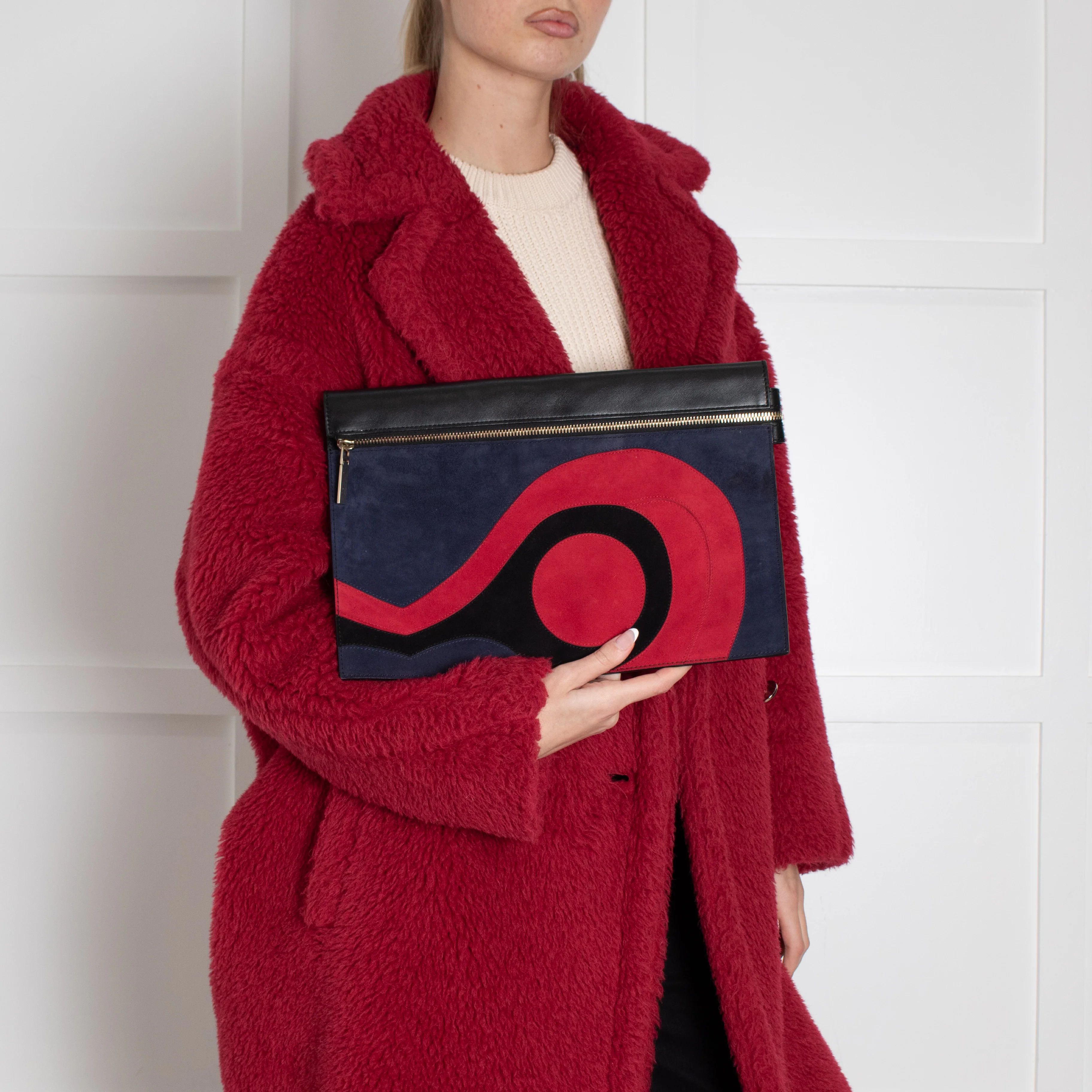 Victoria Beckham Black Navy Blue Red Swirl Suede Clutch - Image 2