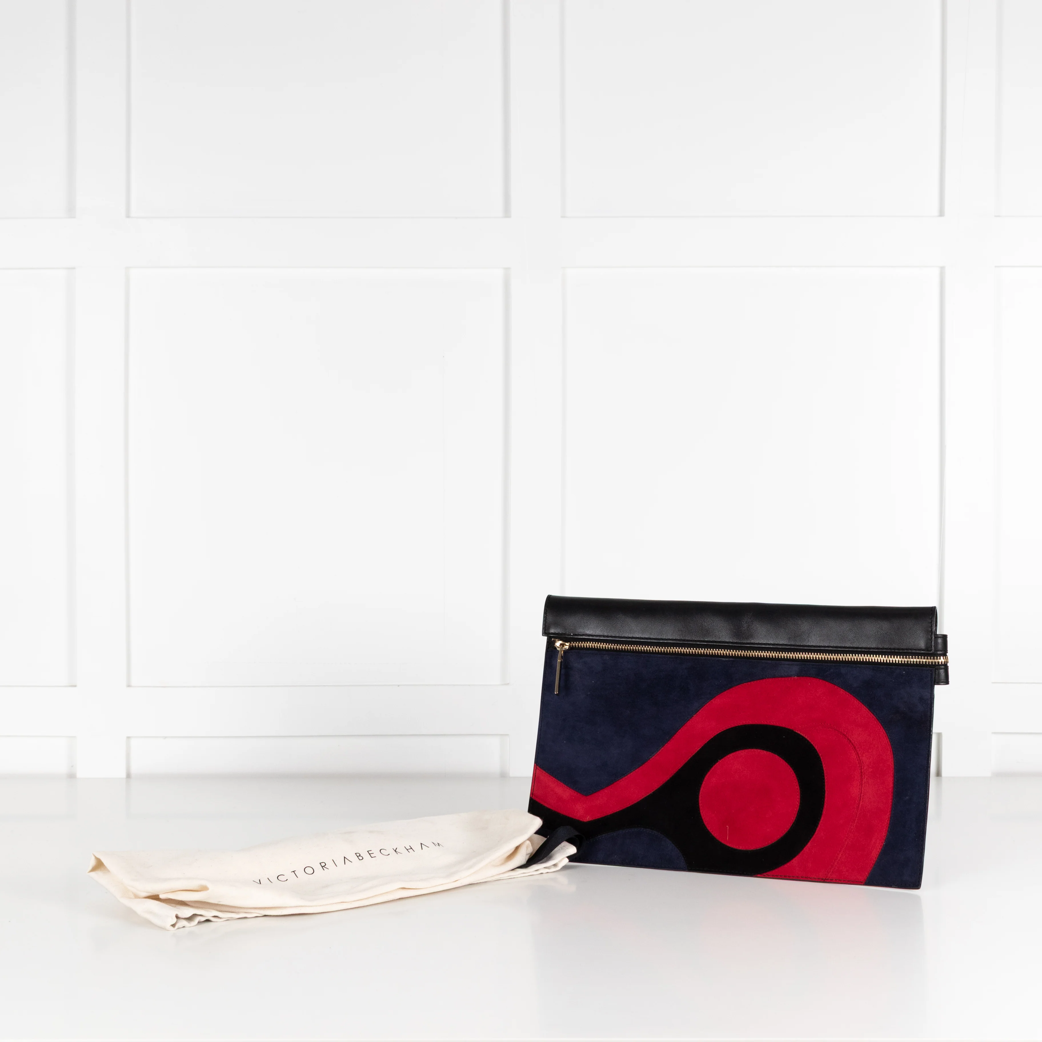 Victoria Beckham Black Navy Blue Red Swirl Suede Clutch - Image 3