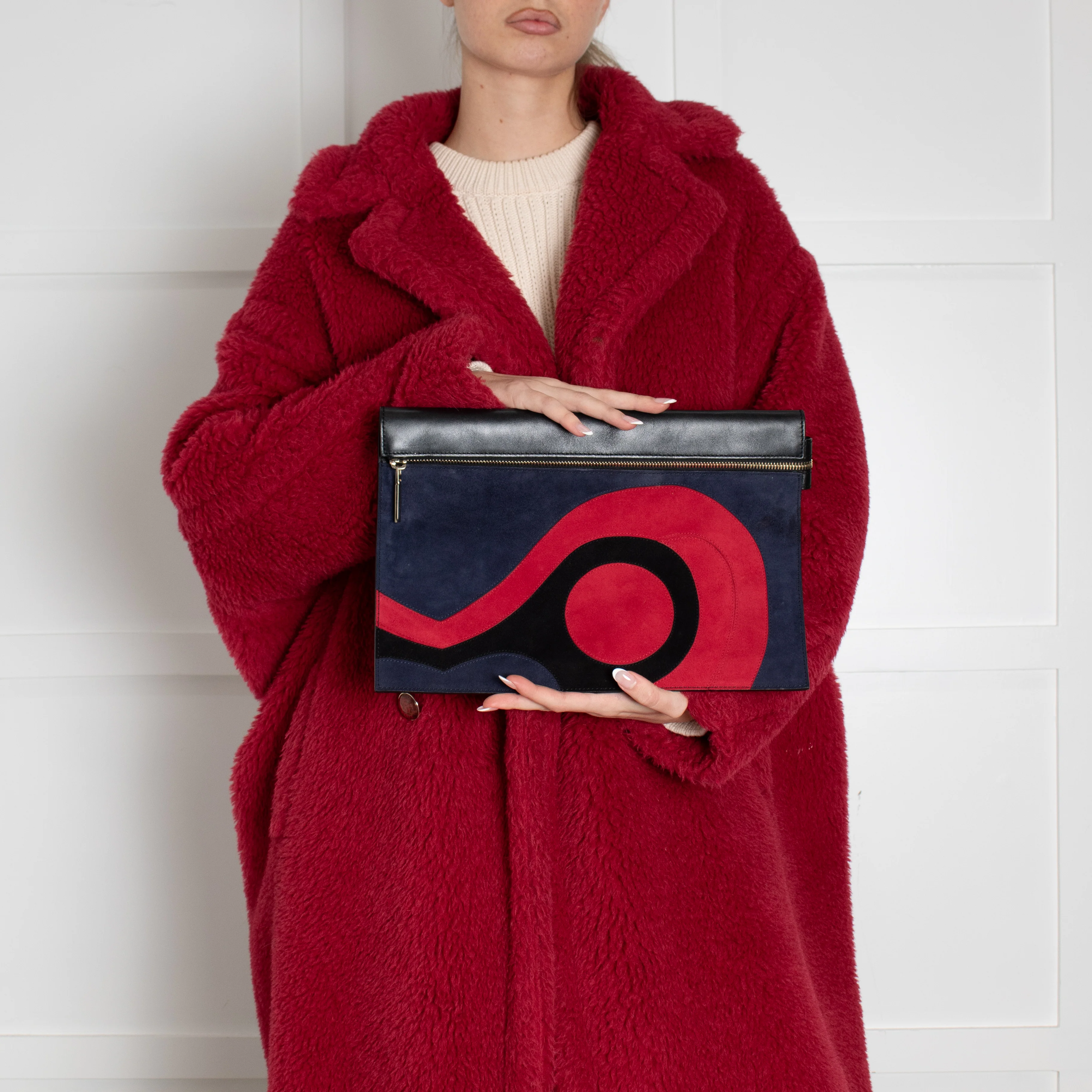 Victoria Beckham Black Navy Blue Red Swirl Suede Clutch - Image 4