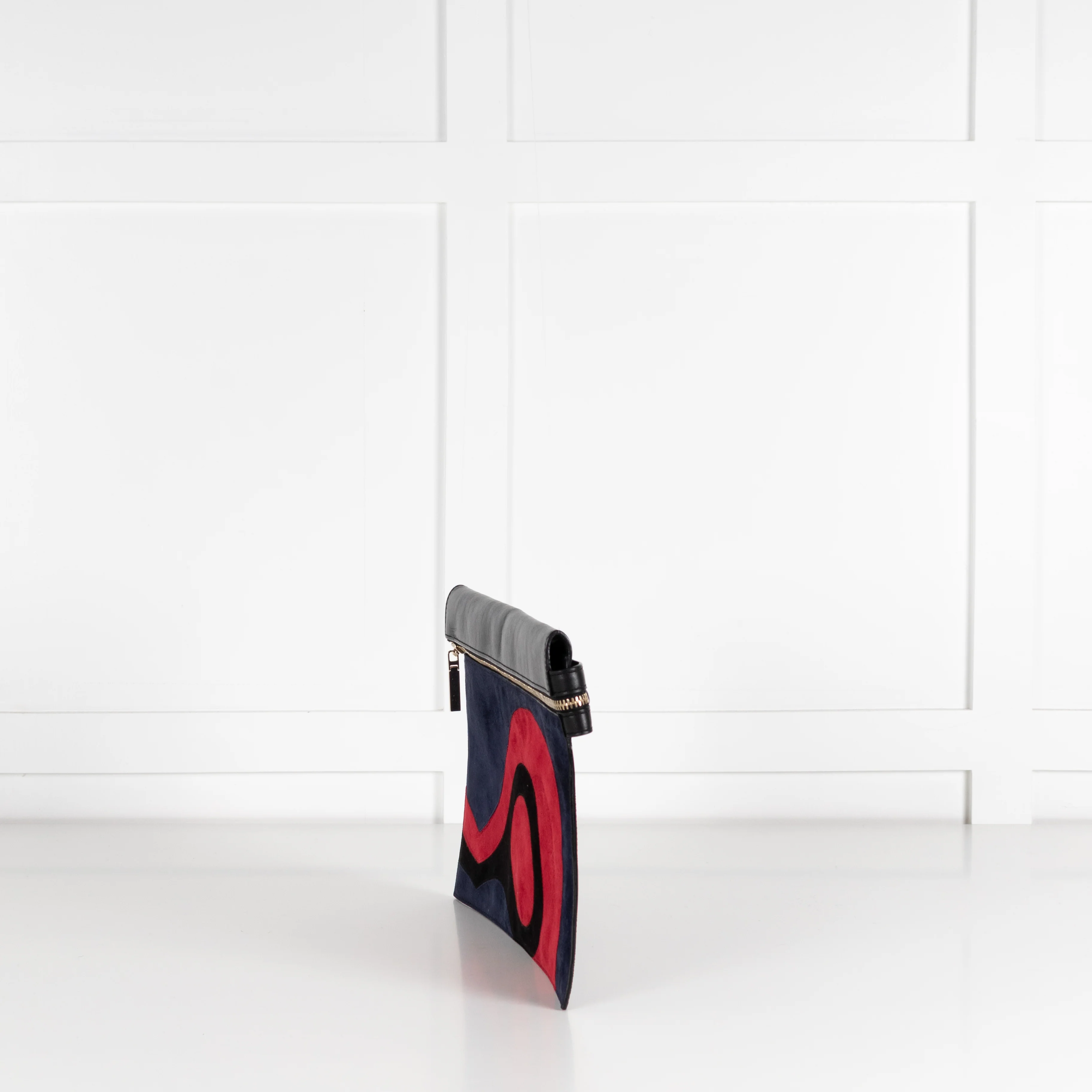 Victoria Beckham Black Navy Blue Red Swirl Suede Clutch - Image 5