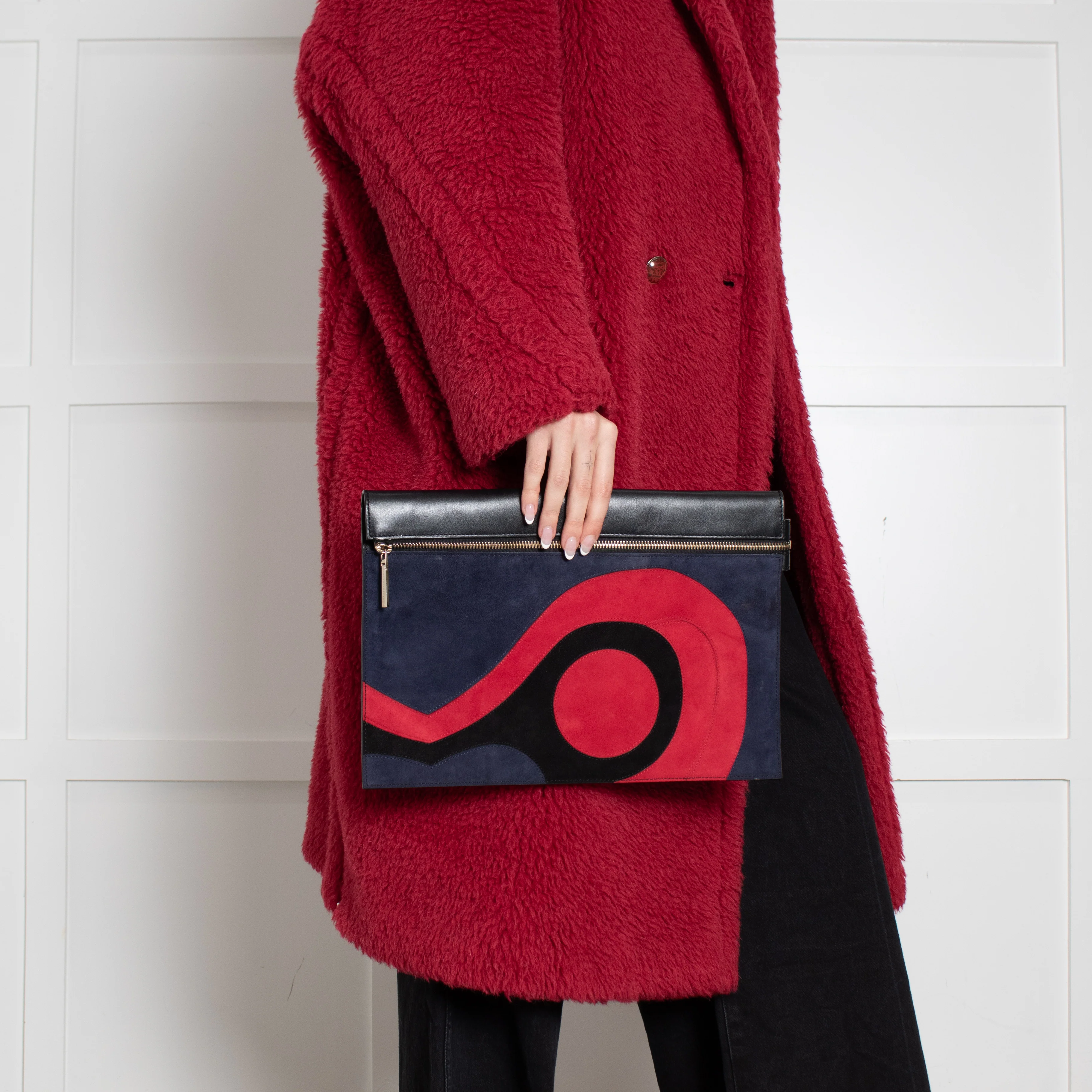 Victoria Beckham Black Navy Blue Red Swirl Suede Clutch - Image 6