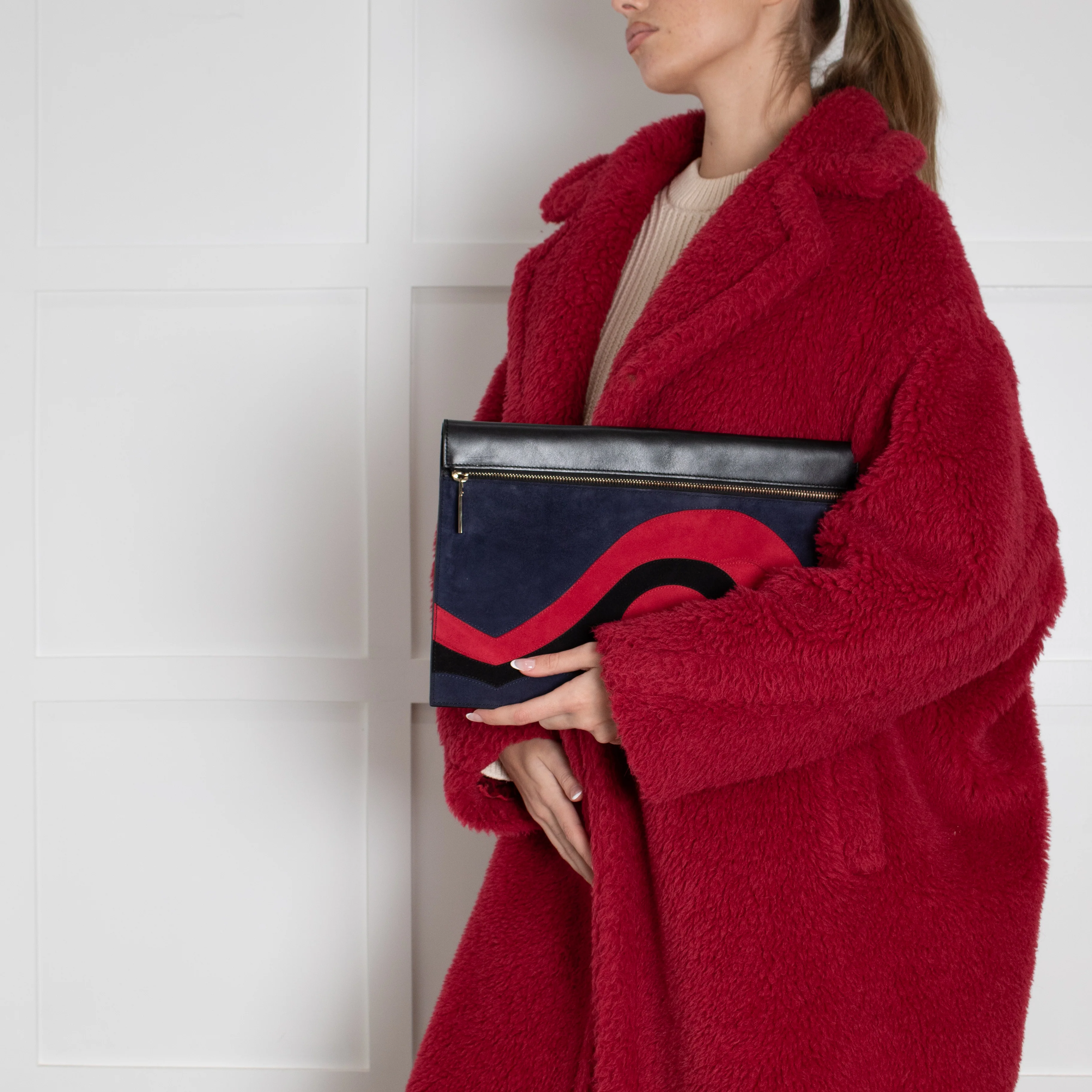 Victoria Beckham Black Navy Blue Red Swirl Suede Clutch - Image 8