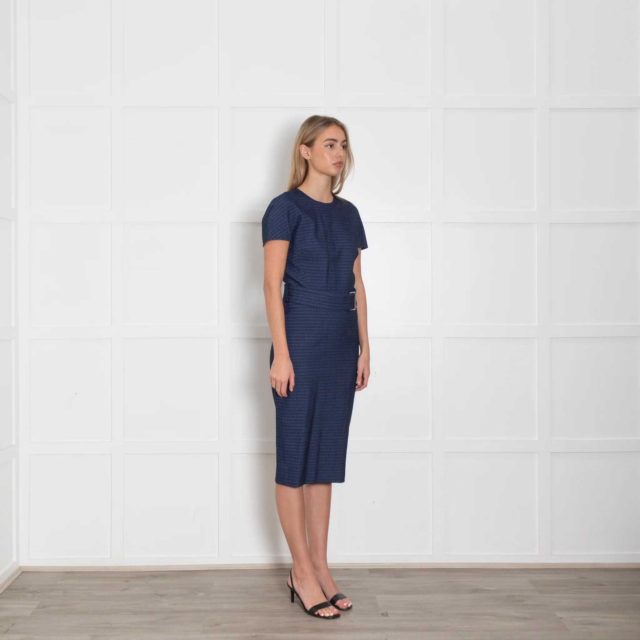 Victoria Beckham Blue And Grey Short Sleeve Textured Midi Dress With Belt - Image 7