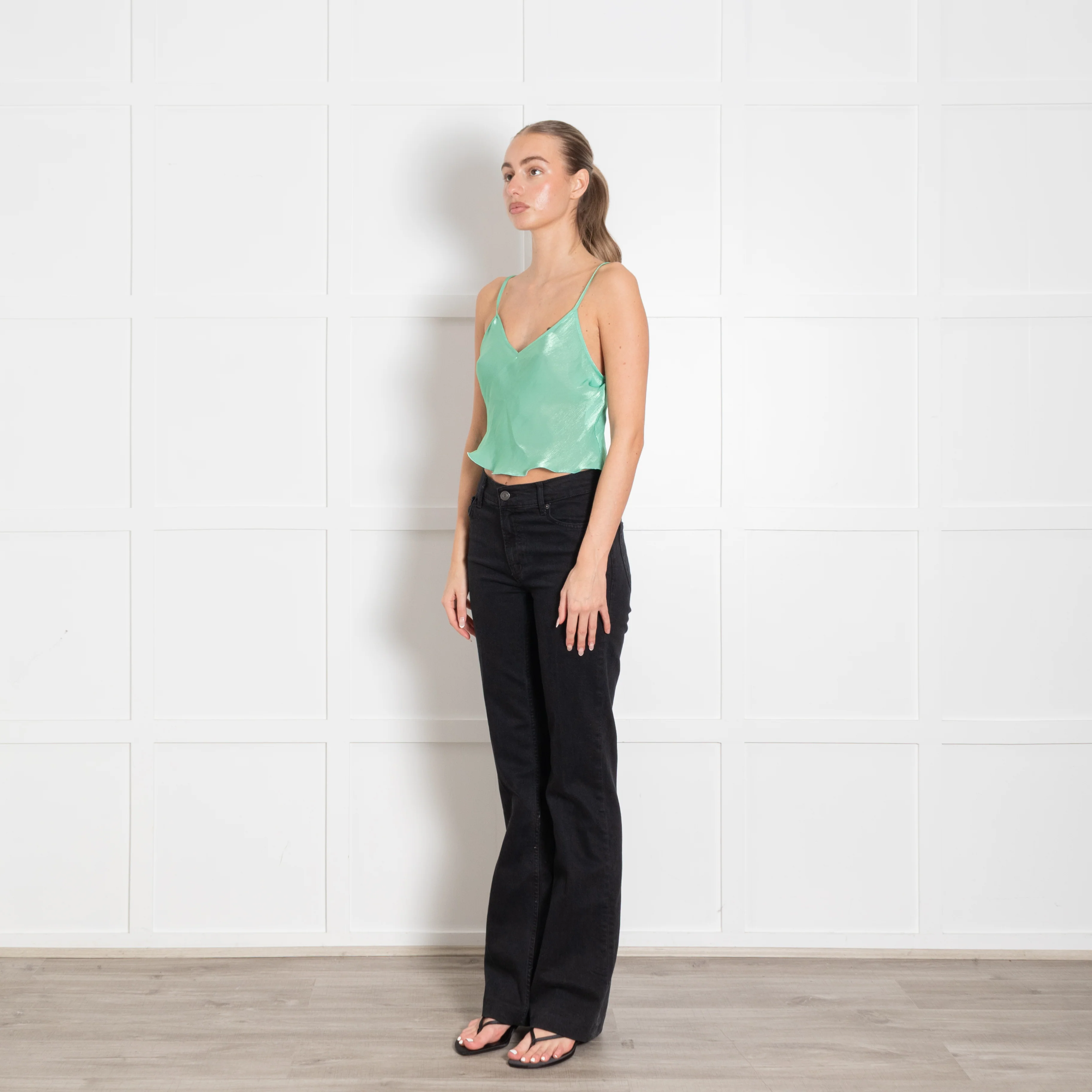 Victoria Beckham Green Shiny Cropped Camisole - Image 3