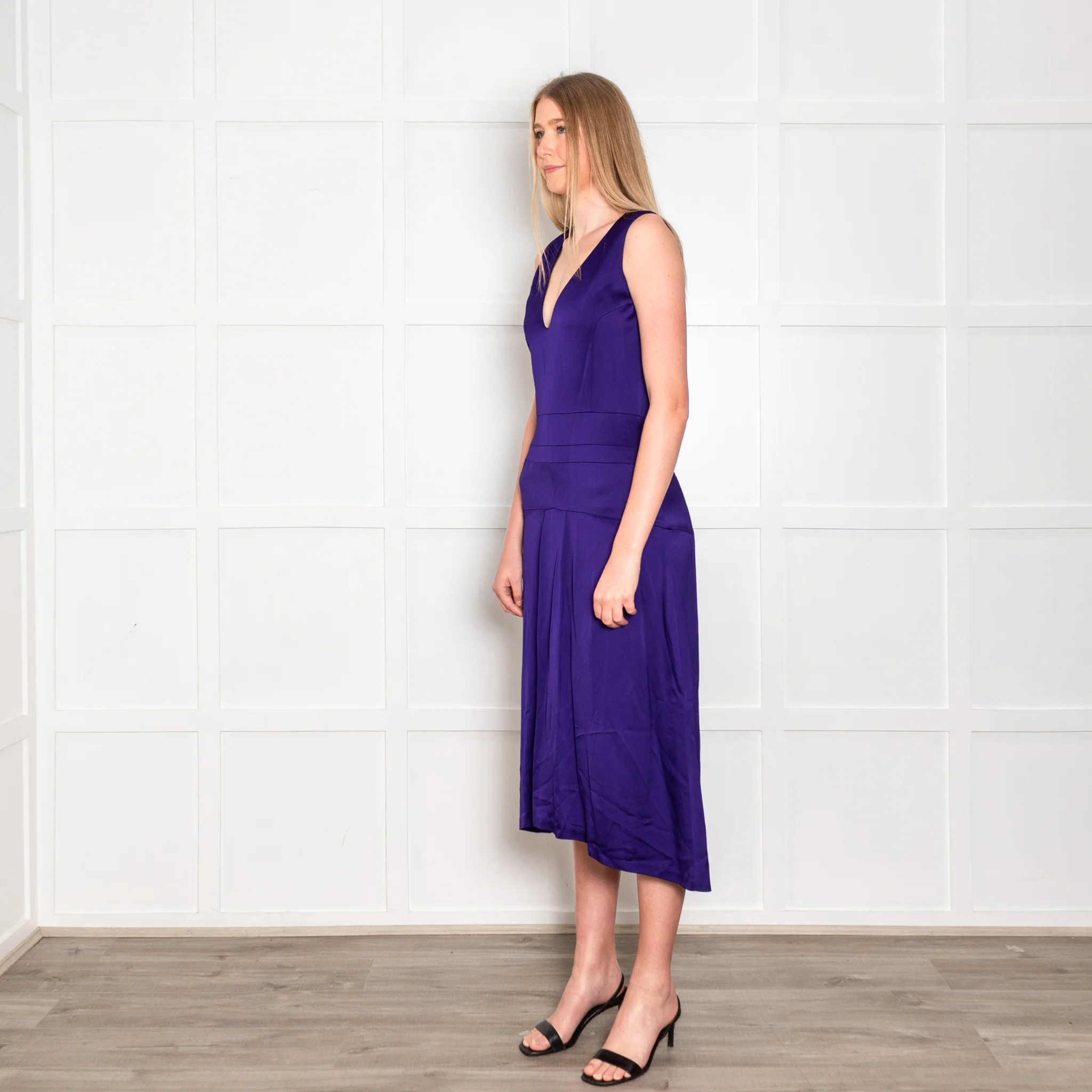 Victoria Beckham Purple Cobalt Satin V Neck Midi Dress - Image 3