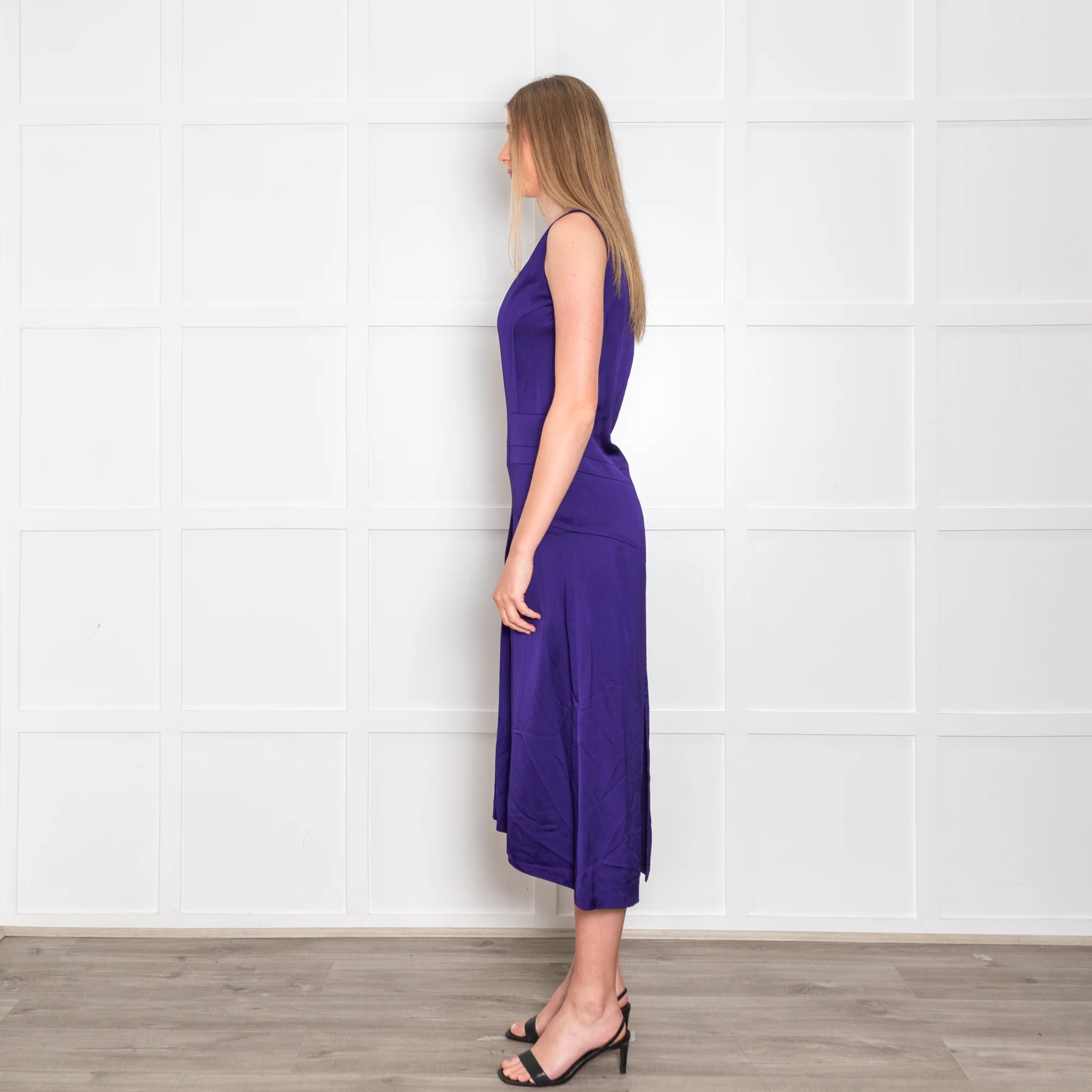 Victoria Beckham Purple Cobalt Satin V Neck Midi Dress - Image 4
