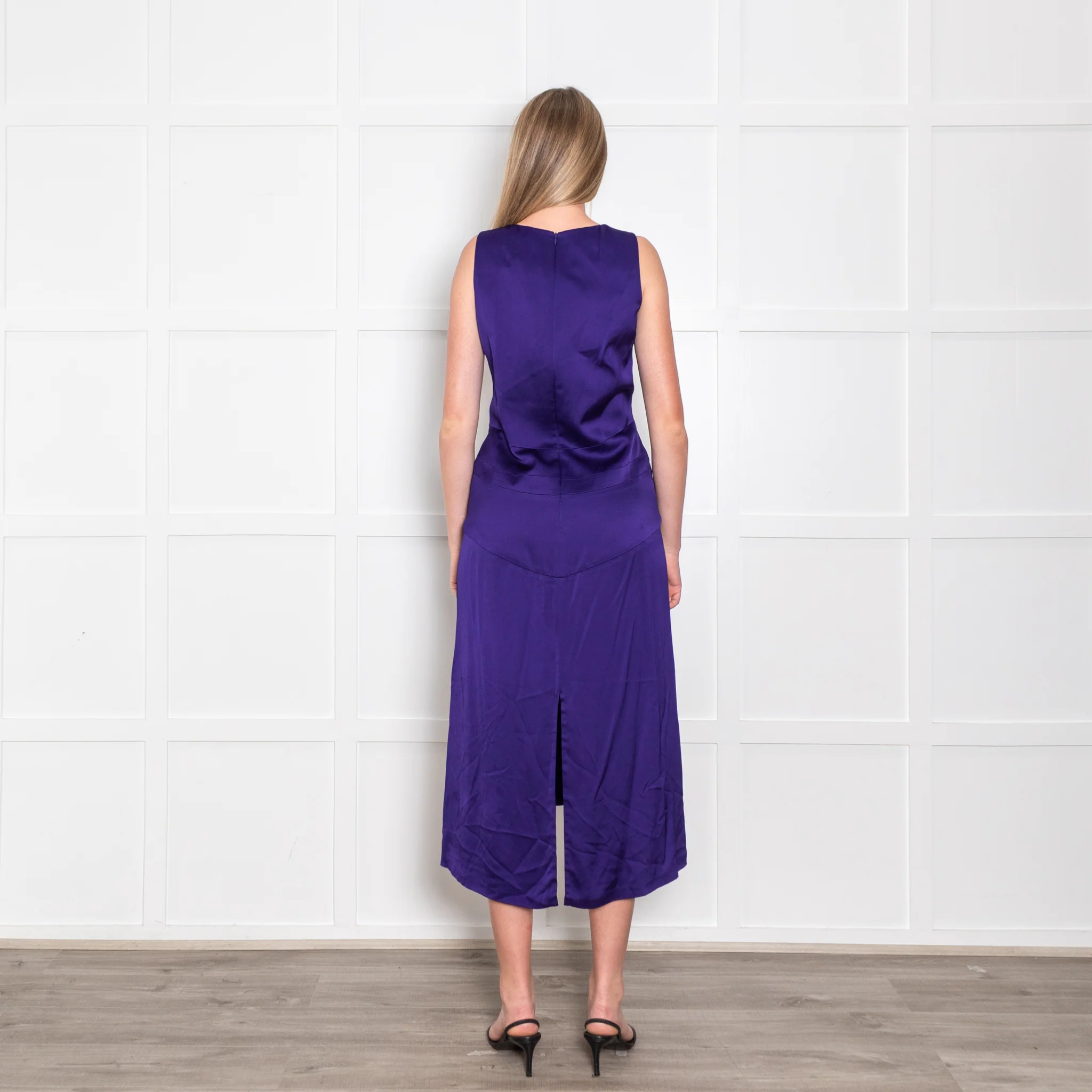 Victoria Beckham Purple Cobalt Satin V Neck Midi Dress - Image 5