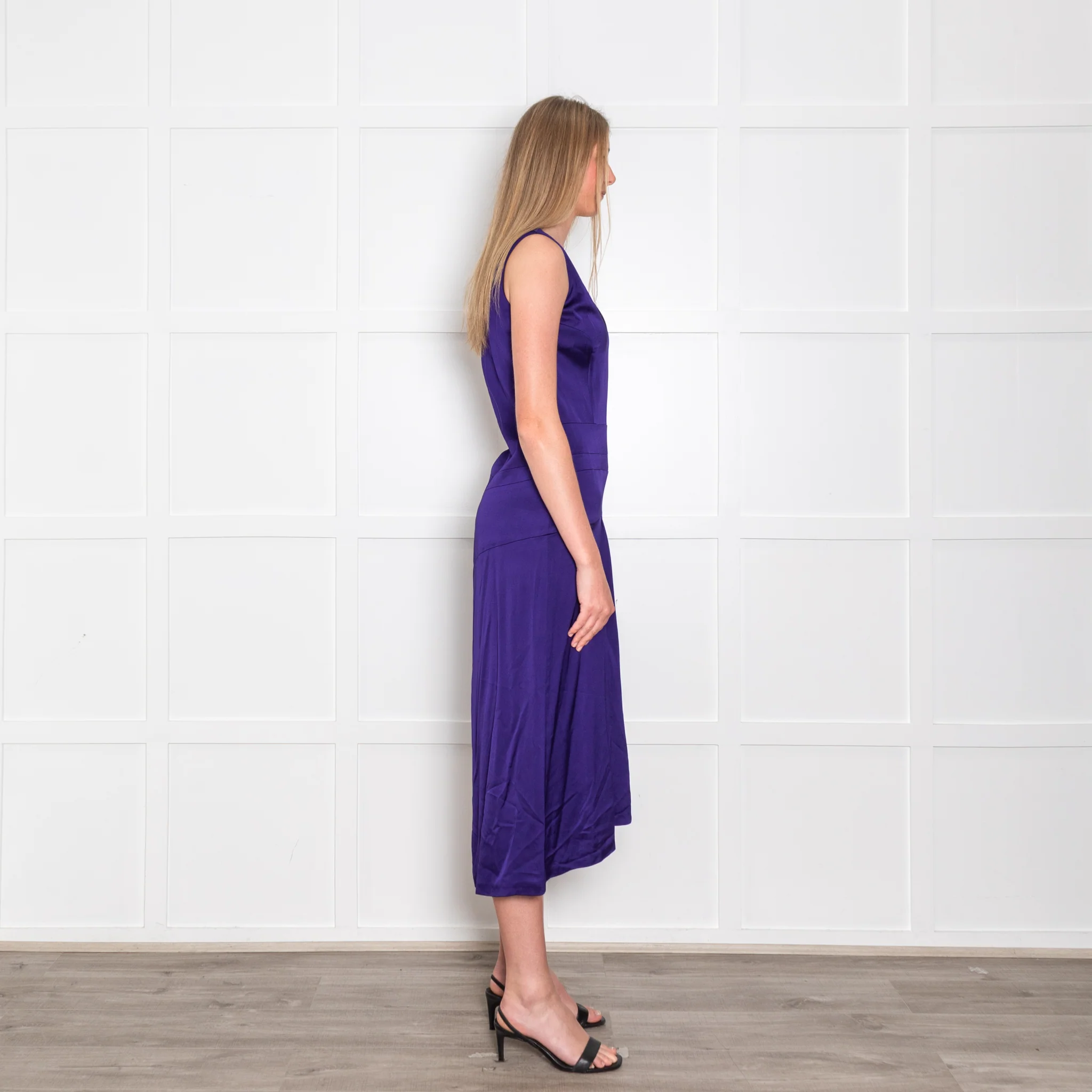 Victoria Beckham Purple Cobalt Satin V Neck Midi Dress - Image 6